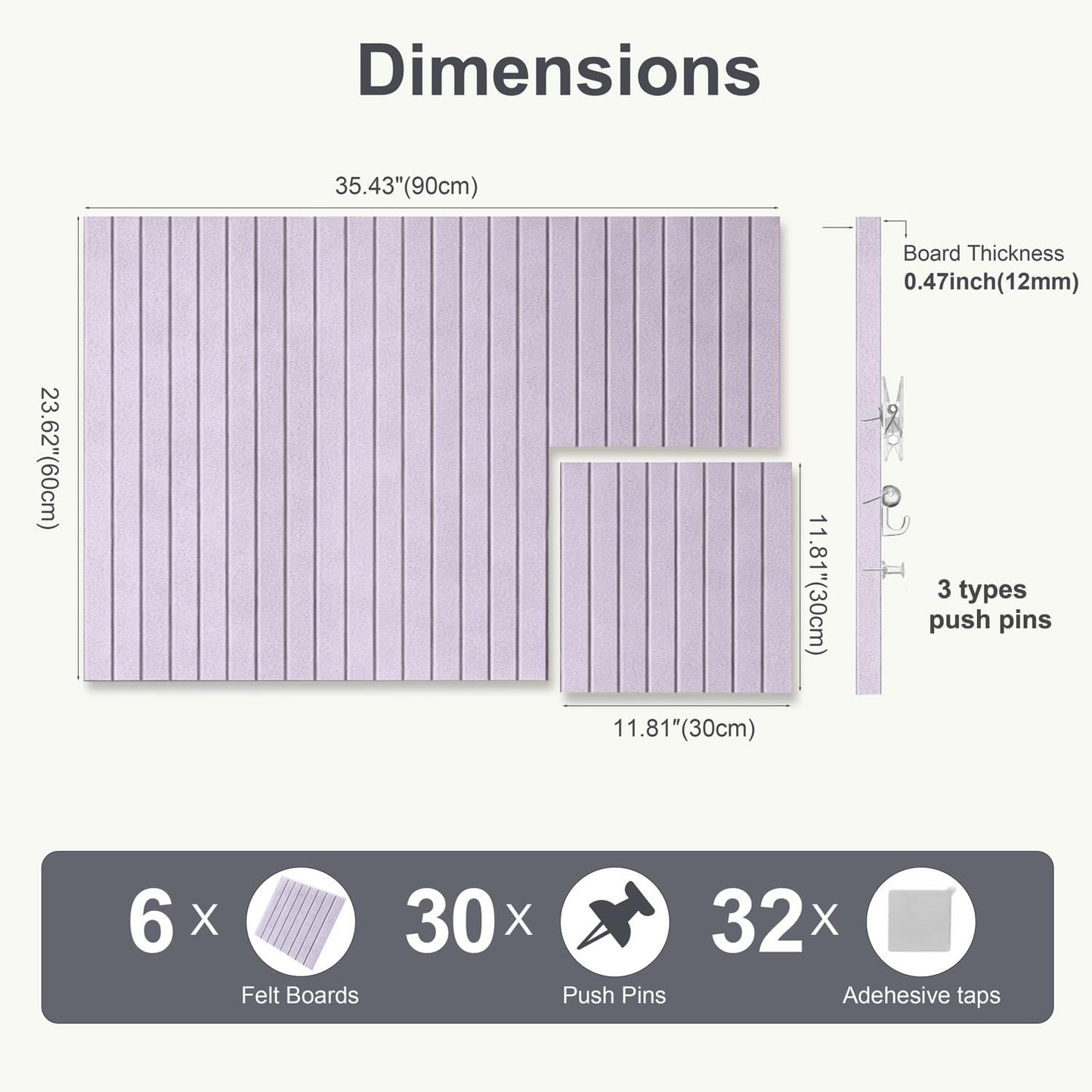 G Gamit 0.47" Thick Felt Pin Board 36"x24" Large Cork Board Alternative 6 Pack 11.81"x11.81"Felt Bulletin Board Wall Tiles Notice Board with 30 Pushpins for Home Office School(Fine-Light Purple)