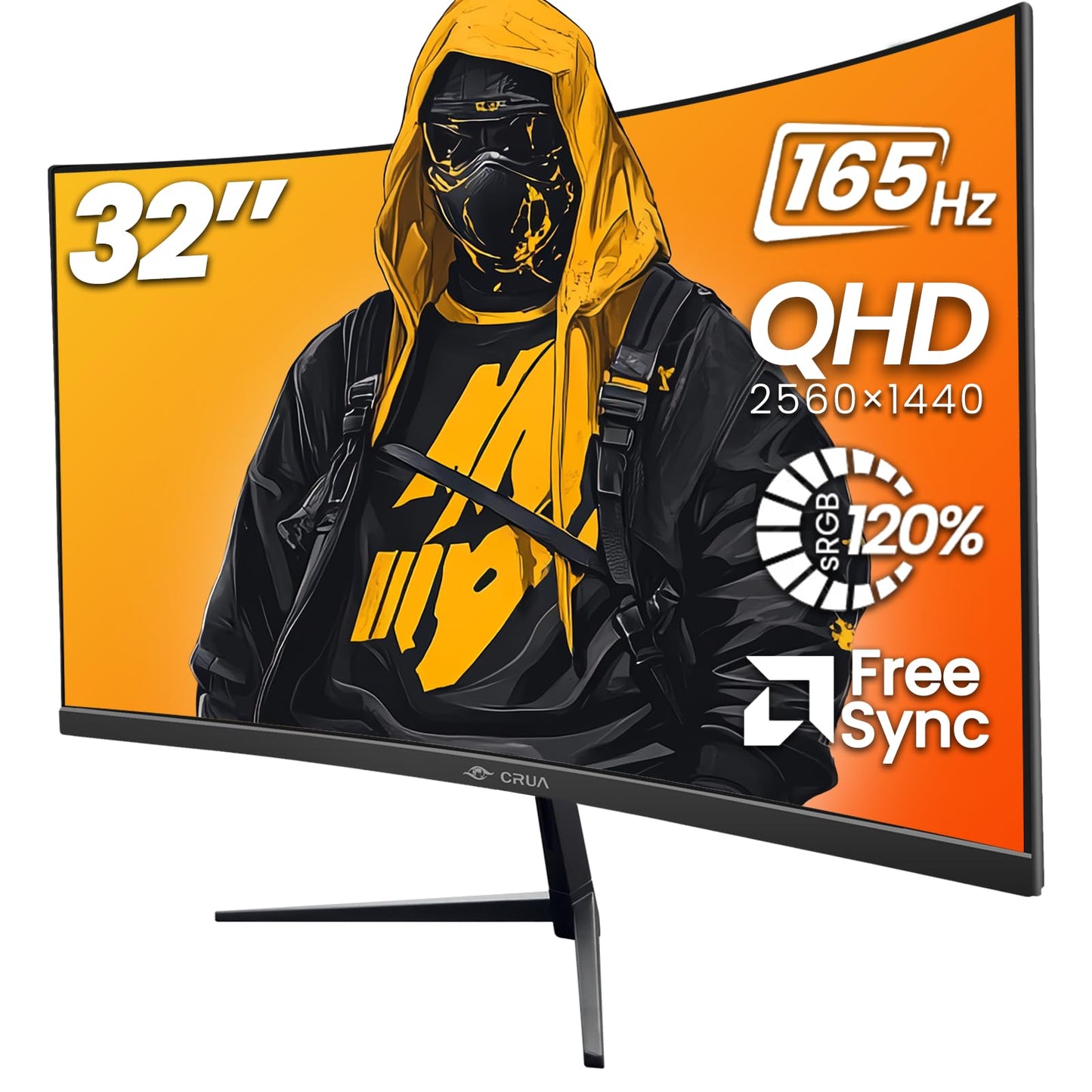 CRUA 32" Curved Gaming Monitor, 2K QHD 2560x1440, 144Hz/165Hz VA Display, 1800R Screen, 120% sRGB, AMD FreeSync, Low Blue Light, HDMI& DP, Wall Mountable PC Monitor for Gaming, Streaming & Work- Black