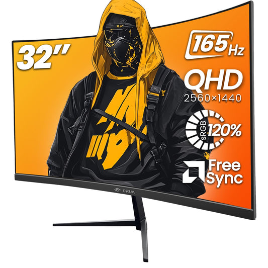 CRUA 32" Curved Gaming Monitor, 2K QHD 2560x1440, 144Hz/165Hz VA Display, 1800R Screen, 120% sRGB, AMD FreeSync, Low Blue Light, HDMI& DP, Wall Mountable PC Monitor for Gaming, Streaming & Work- Black