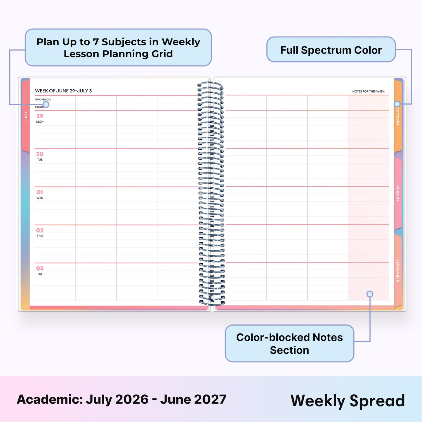 Blue Sky Teachwell 2026-2027 Weekly and Monthly Academic Year Teacher Lesson Planner Calendar, July 2026 - June 2027, 8.5" x 11", Flexible Cover, Heavy Duty Coil Binding, Colorful Interior, Laminated Tabs, Storage Pocket, Includes Stickers, Mikki