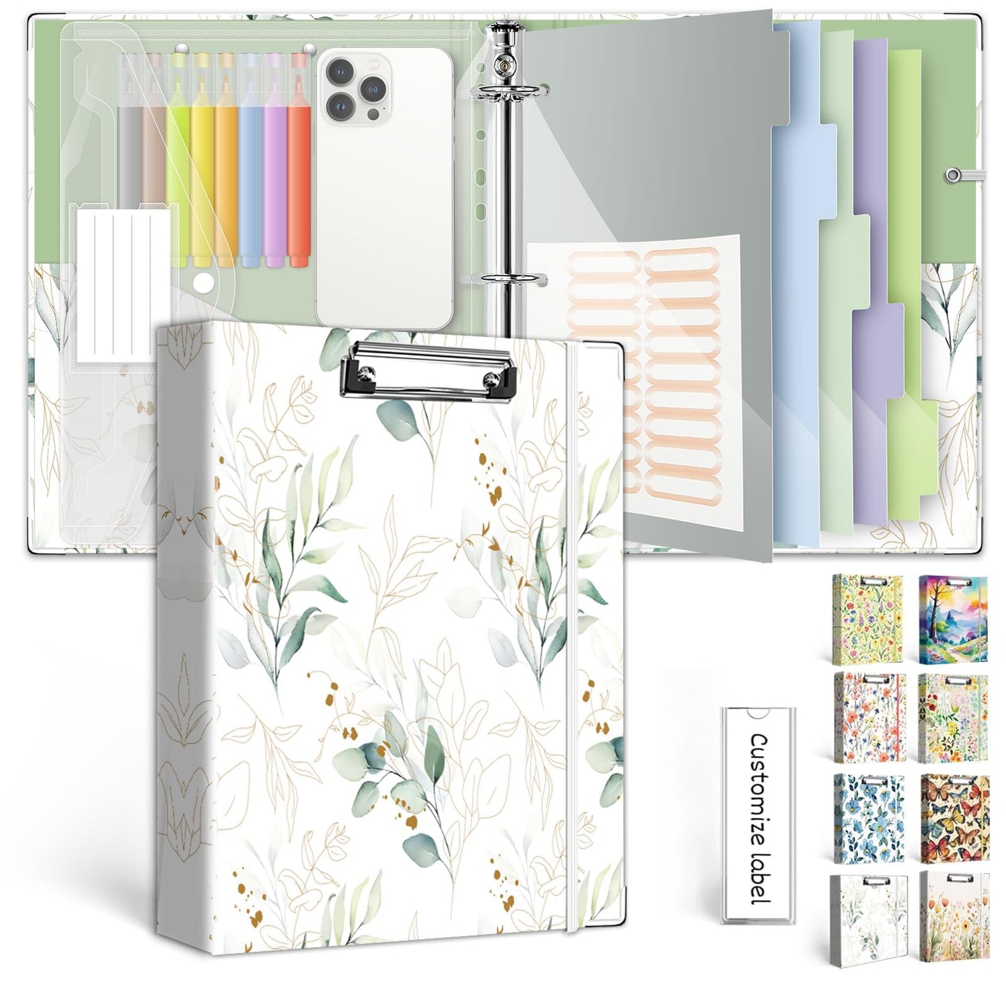 3 Ring 1 Inch Binder Organizer, KLLVE Three Ring Binders with Clipboard, 5 Pocket Divider with tabs, Folder, 18 Divider Stikers, Pen Loop (Leaves, Letter Size)
