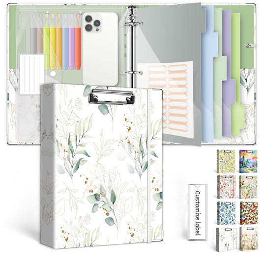 3 Ring 1 Inch Binder Organizer, KLLVE Three Ring Binders with Clipboard, 5 Pocket Divider with tabs, Folder, 18 Divider Stikers, Pen Loop (Leaves, Letter Size)