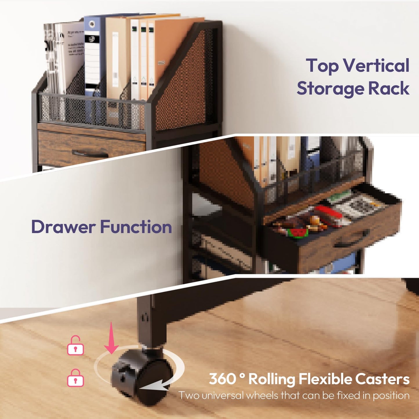 SWTYMIKI 9-Tier Rolling File Cart - Paper Organizer with Drawer and Trays, Wood Desk Office Organizer, Office Organization and Binder Storage for Workspace, Home, School, Espresso