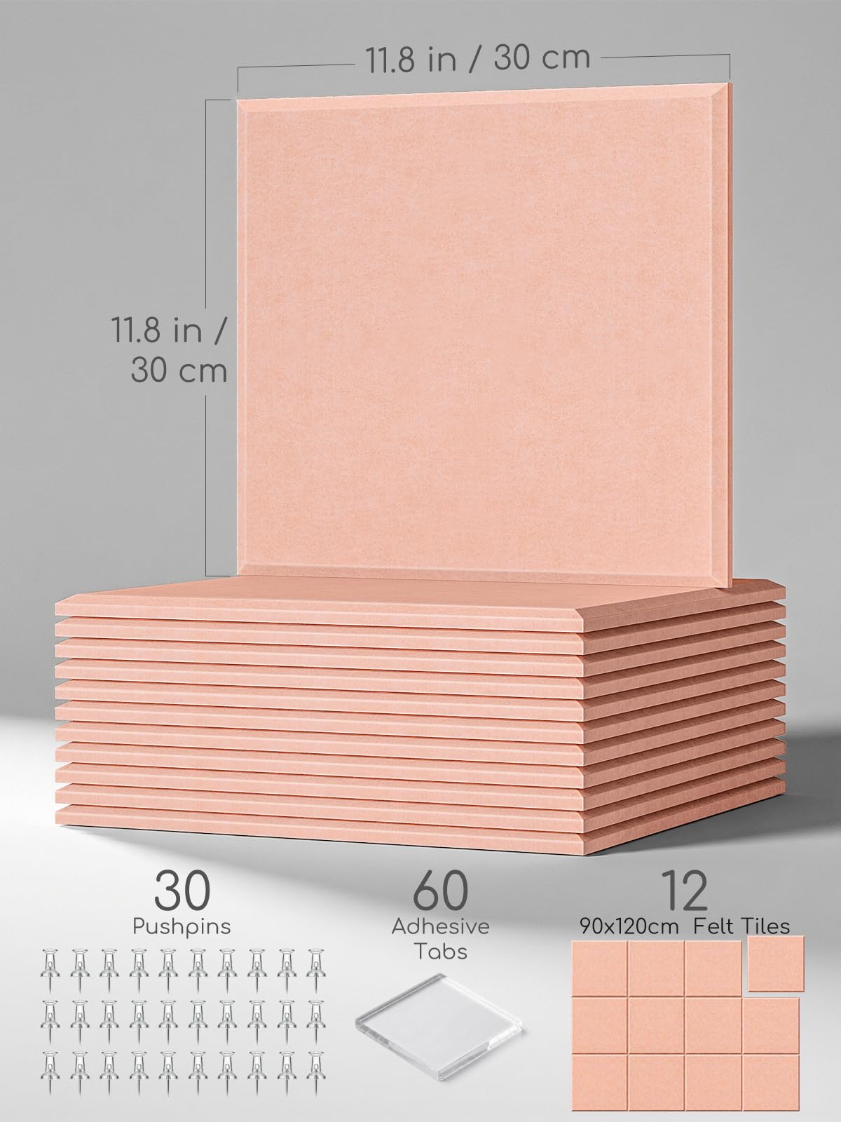 Lightomorrow 0.47" Thick Felt Pin Board Tiles, 12 Pack 11.8 x 11.8 in Bulletin Board 48" x 36", Cork Board Alternative with Adhesive & 30 Push Pins for Home Office Classroom, Mauvey Pink