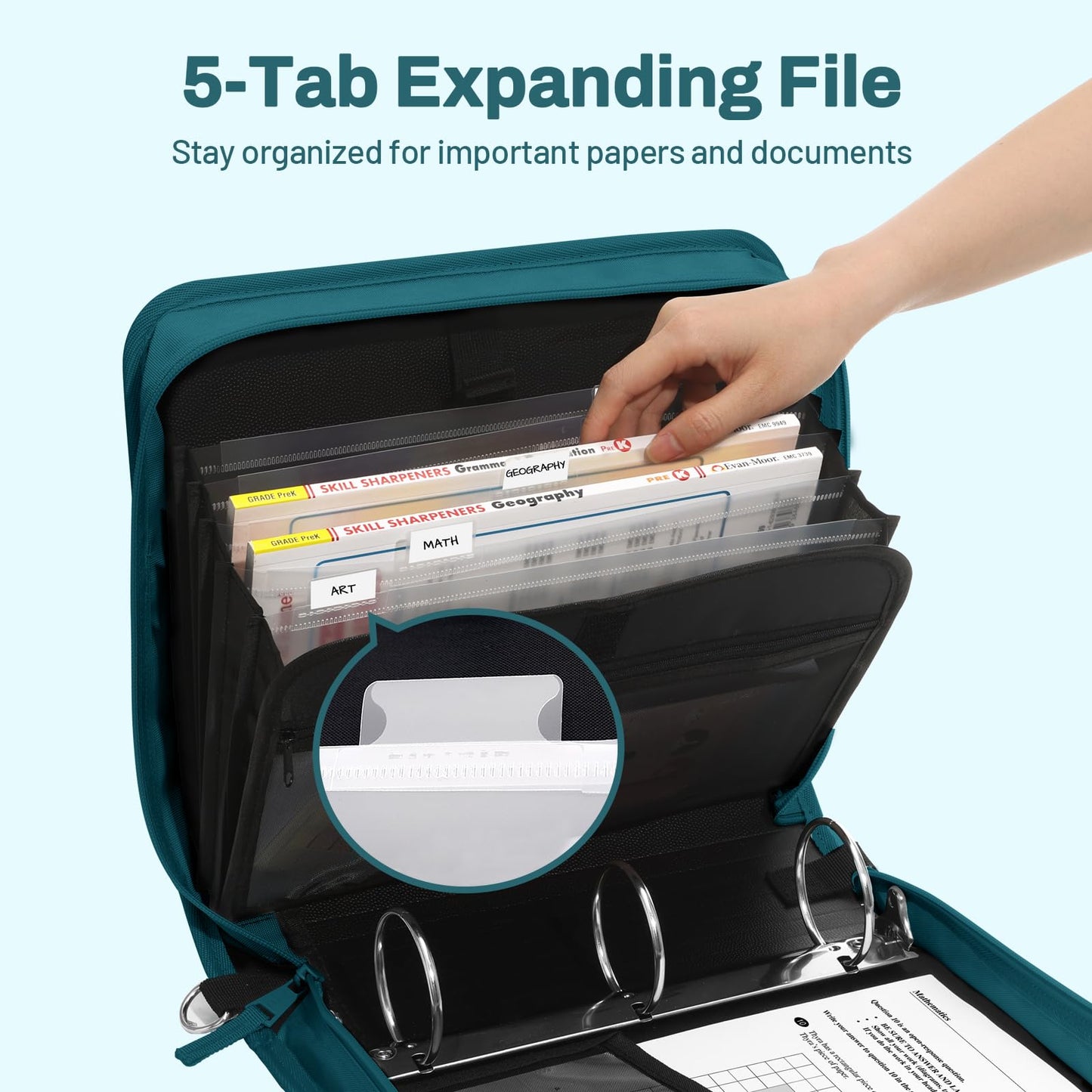 SUNEE Zipper Binder 3 Ring, 3 Inch O-Ring with Handle and Shoulder Strap, 600-Sheet Capacity, 5-Tab Expanding File Folder, Multi-Pockets for Middle School Organizer Binder with Zipper, Dark Teal-Green