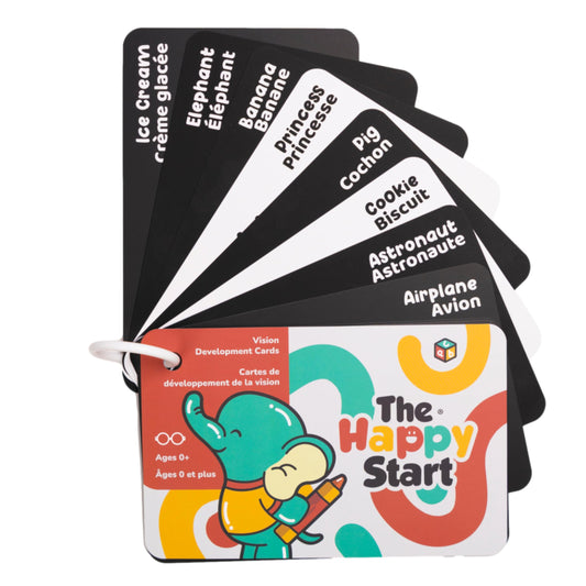 Happy Start High Contrast Baby Cards for Newborns - Black & White Cards, Water-Resistant, BPA-Free, Portable Educational Flashcards for Visual Stimulation, Award-Winning, Ages 0+(English & French)