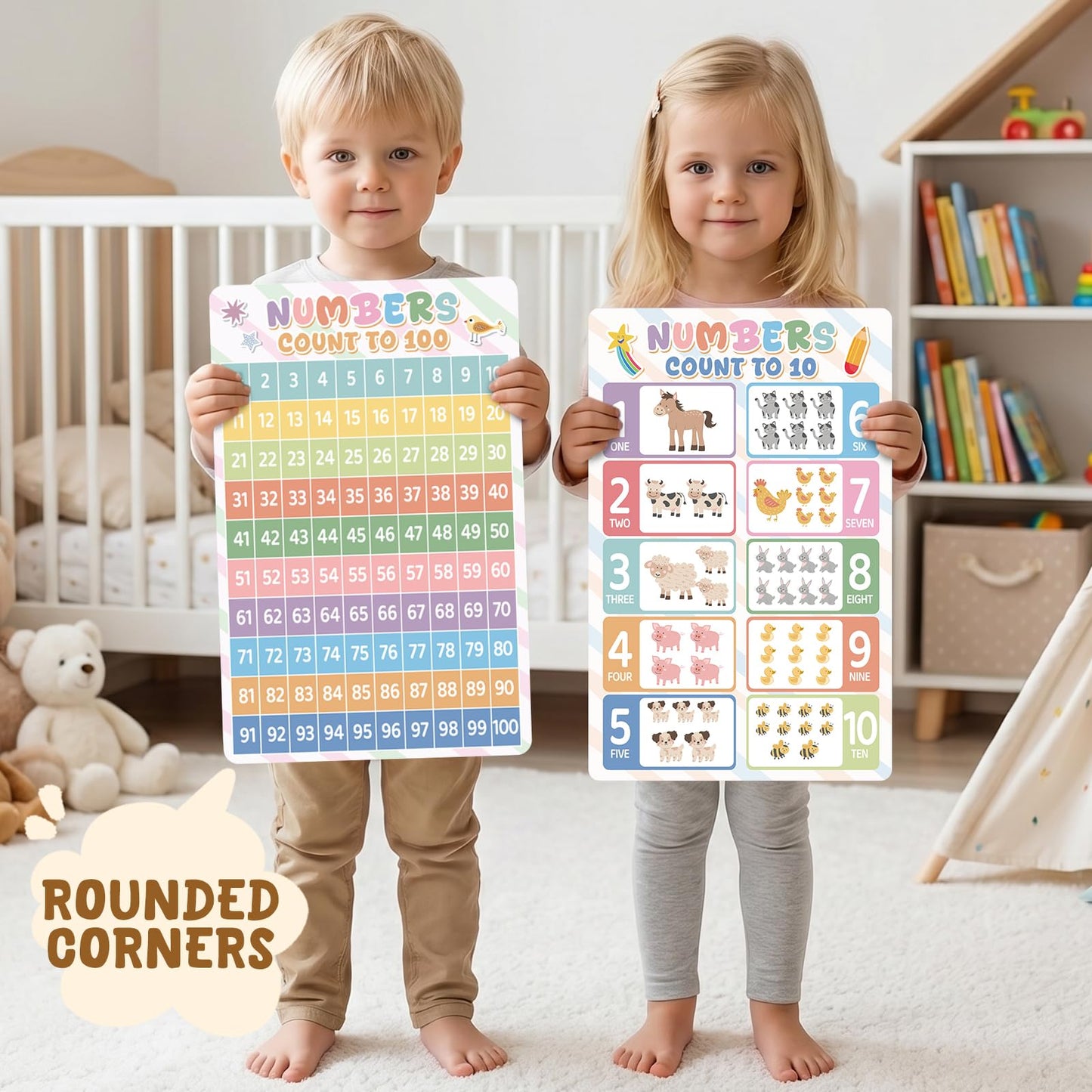 Gorsbark 18 Educational Posters for Toddlers 1-3, Laminated Learning Posters with Alphabet & Numbers Chart, Boho Classroom Kindergarten Preschool Decor, 11"x17"