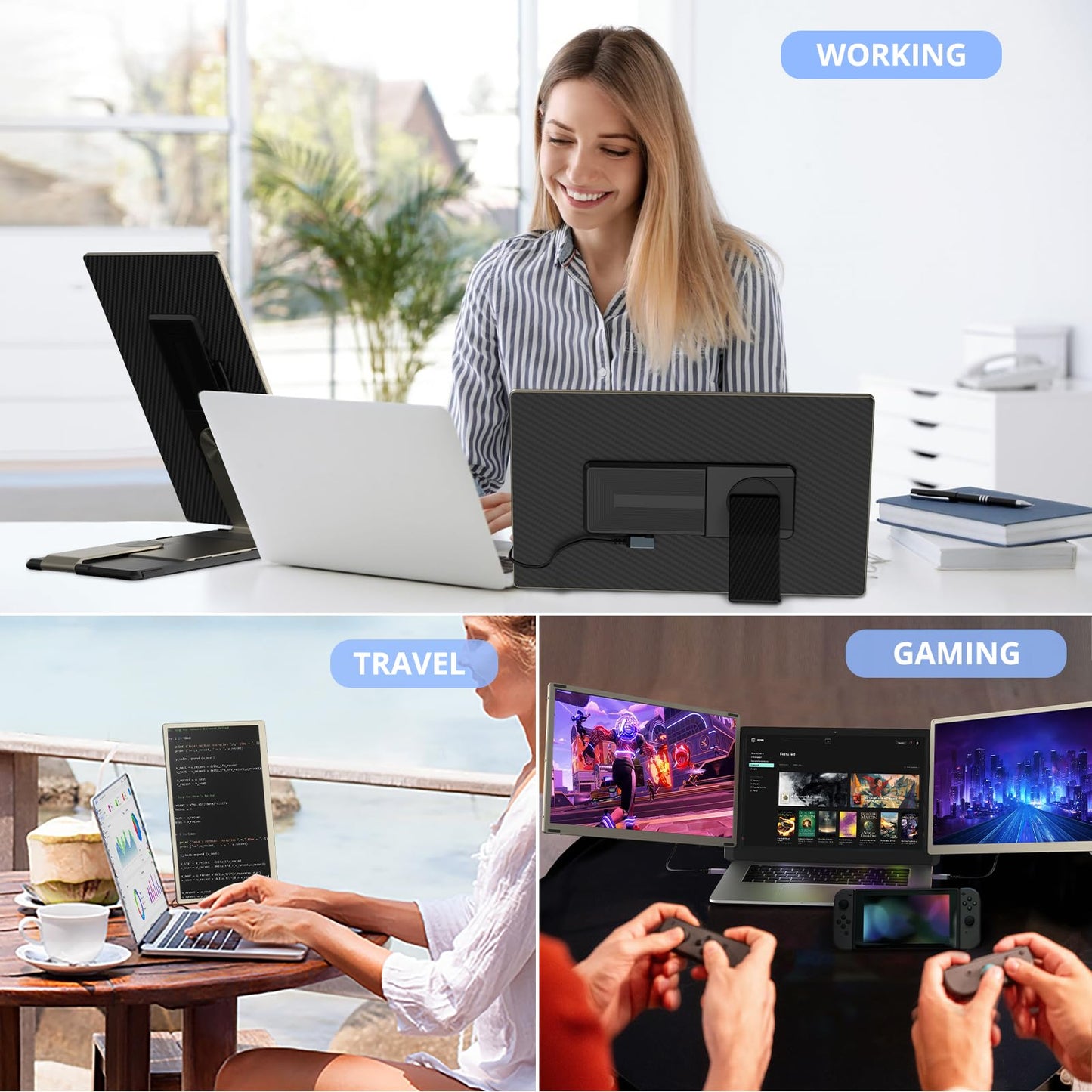 DZVW 15.6" Laptop Screen Extender, FHD 1080P IPS Triple Monitor Extender, Detachable Portable Monitor for Laptop 13-17.3",Plug-Play Portable Screen Compatible with MacOS/Windows/Phone
