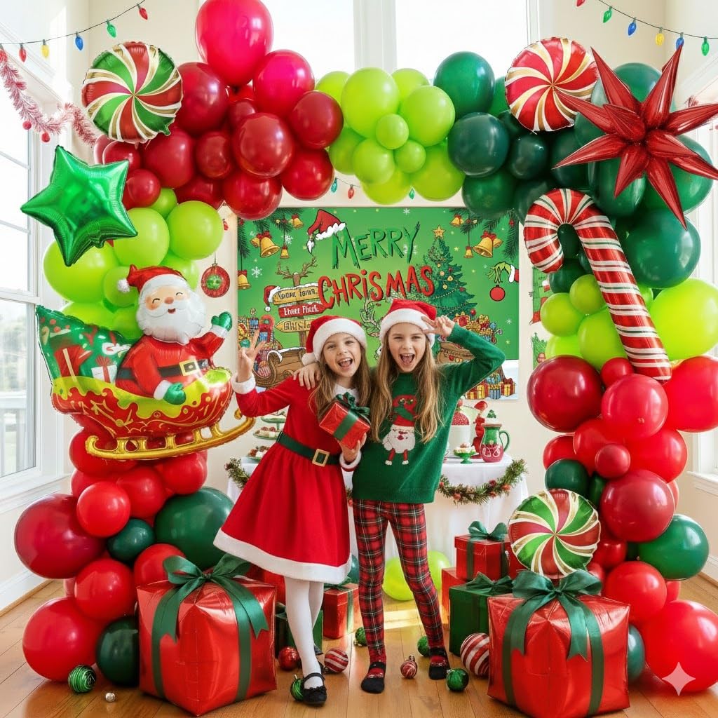 Christmas Balloon Garland Arch Kit with backdrop Xmas Red Green Balloons Candy Cane Santa Claus Star Foil Balloons for Christmas New Year Birthday Party Decorations (Red Green)