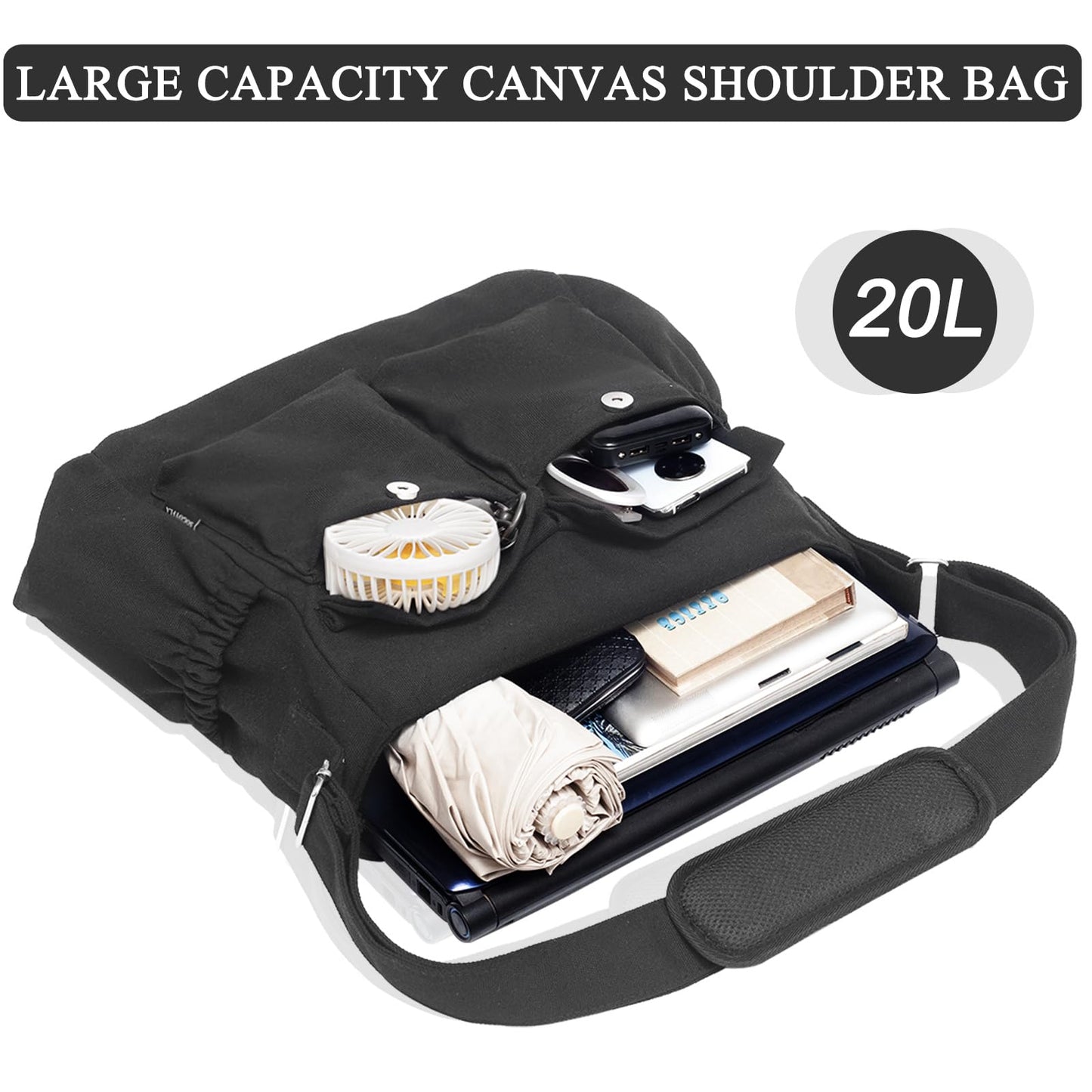 High Density Canvas Messenger Bag for Men/Women, 15 Inch Crossbody Shoulder Bag, Large Tote Bag for College/Travel/Work Daily Use（Black）