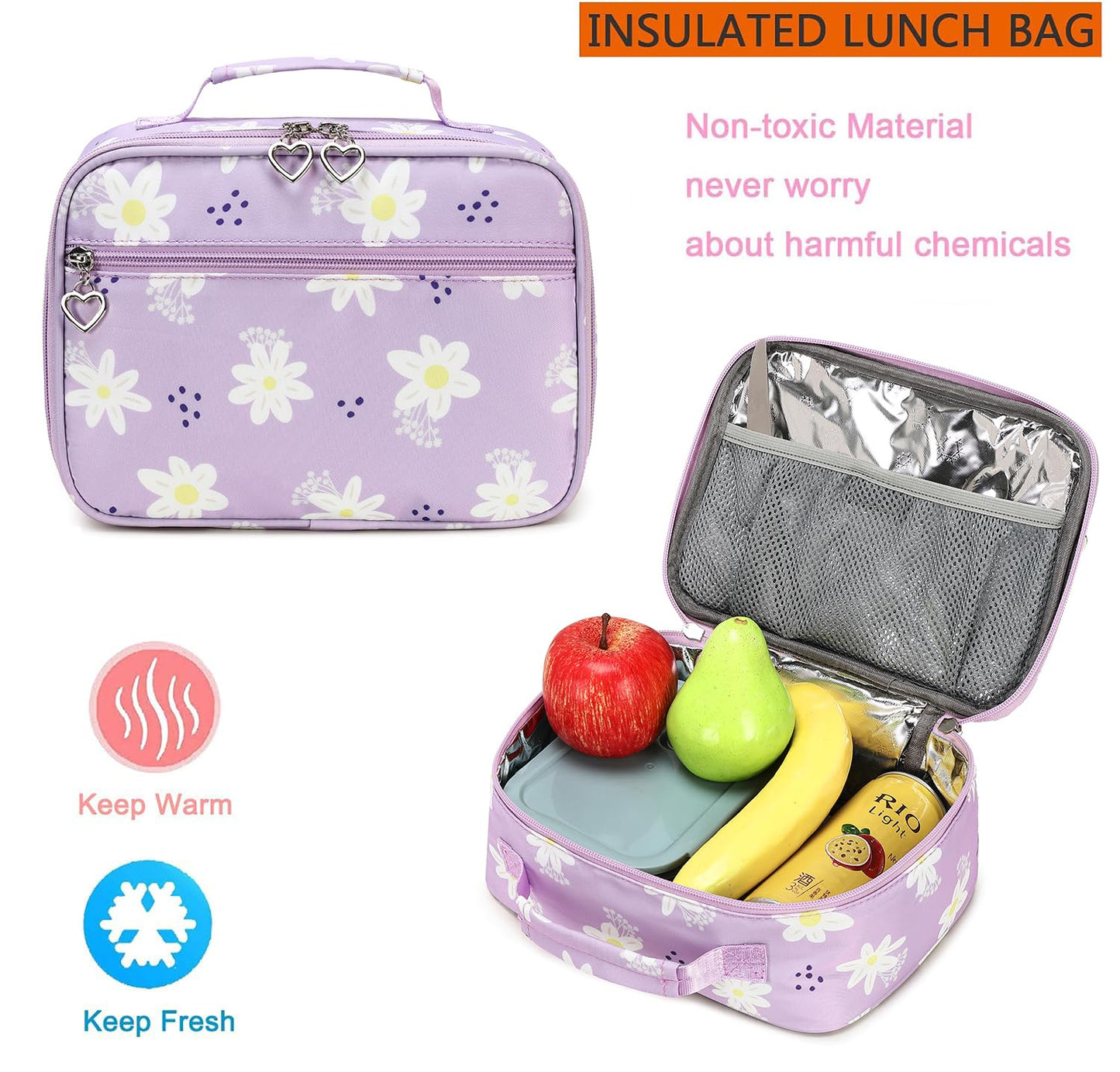 Sugaroom Daisy Prints School Backpack for Girls Backpack with Lunch Box Lightweight Water Resistant Kids Backpack Elementary Primary Middle School Bags Bookbags Set