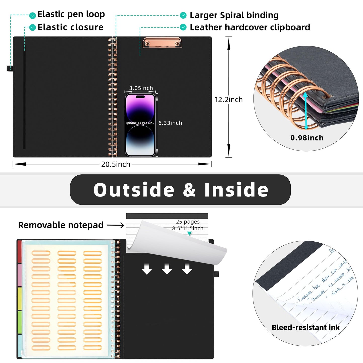 Ospelelf Leather Clipboard Folio with Notepad for Letter Size, Spiral Clipboard Folder with Storage Zipper Pouch, 5 Folders with 10 Pockets, 39 Divider Label Stickers, Pen Loop Series (Black)