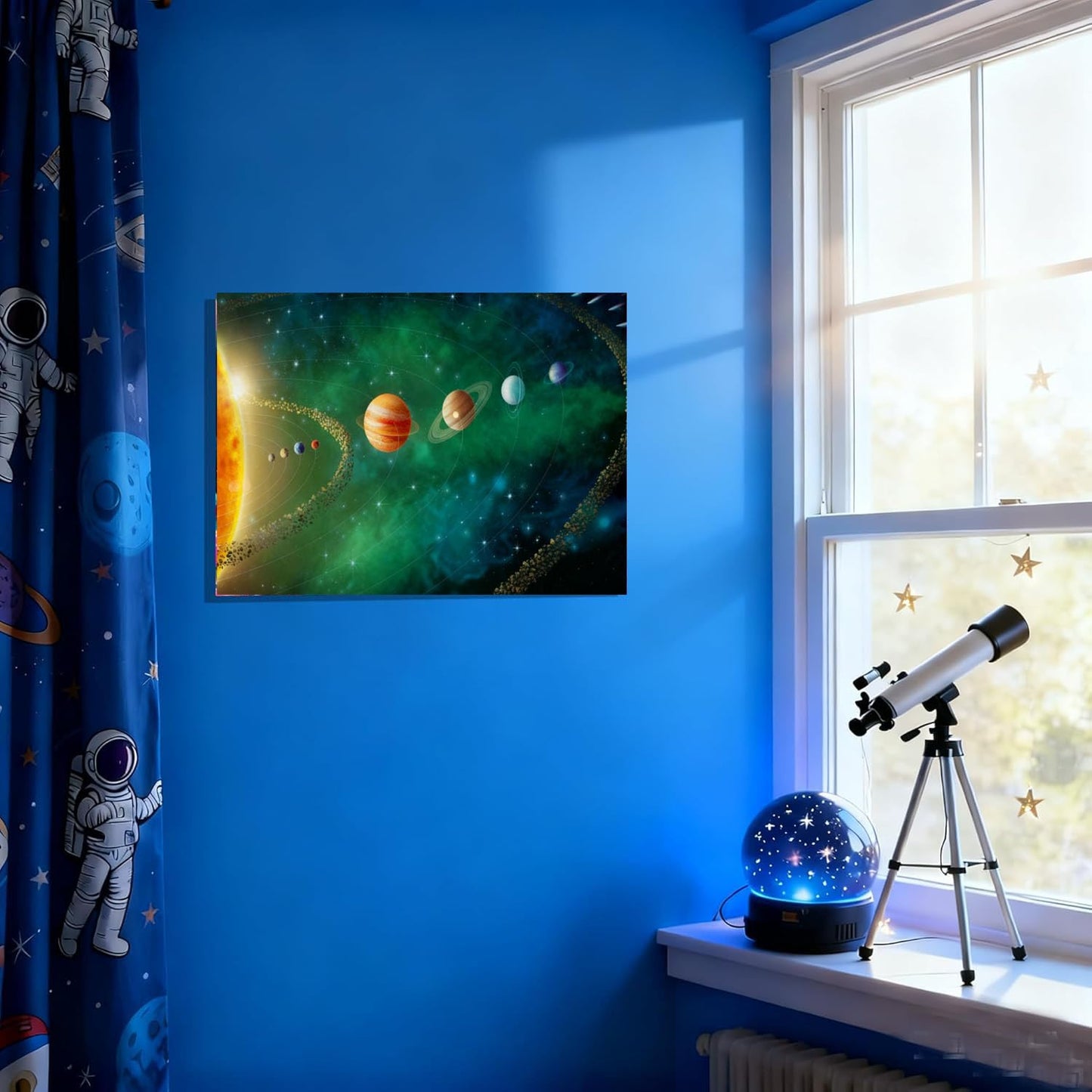 16x24 inches Framed Solar System Space Canvas Wall Art Green Galaxy Planets Astronomical Decor Kids Bedroom Cosmic Wall Pictures Teen Boy Room Universe Poster Child Office Study Room Prints