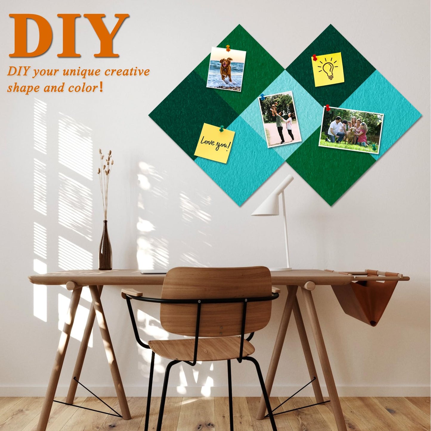 HULAVO Square Felt Cork Bulletin Board Tiles, Self Adhesive DIY Felt Pin Board for Wall 30" x 20" with 35 Pushpins for Office School Home Wall Decor Stickers Memos Photos Display (Gradual Green)