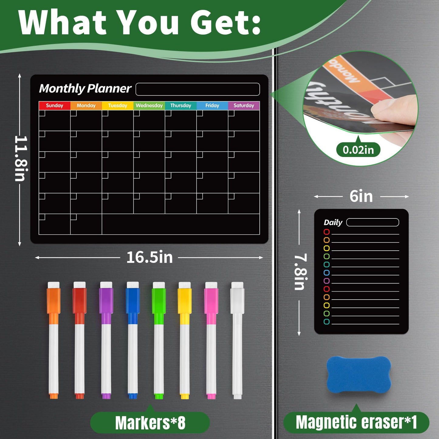 FINDMAG 4 Pack Magnetic Dry Erase Board Set, 16.5"x11.8" Magnetic Calendar for Refrigerator, Fridge Calendar Magnet, Black Weekly Planner Whiteboard for Fridge, Easy to Use with 8 Markers & Eraser