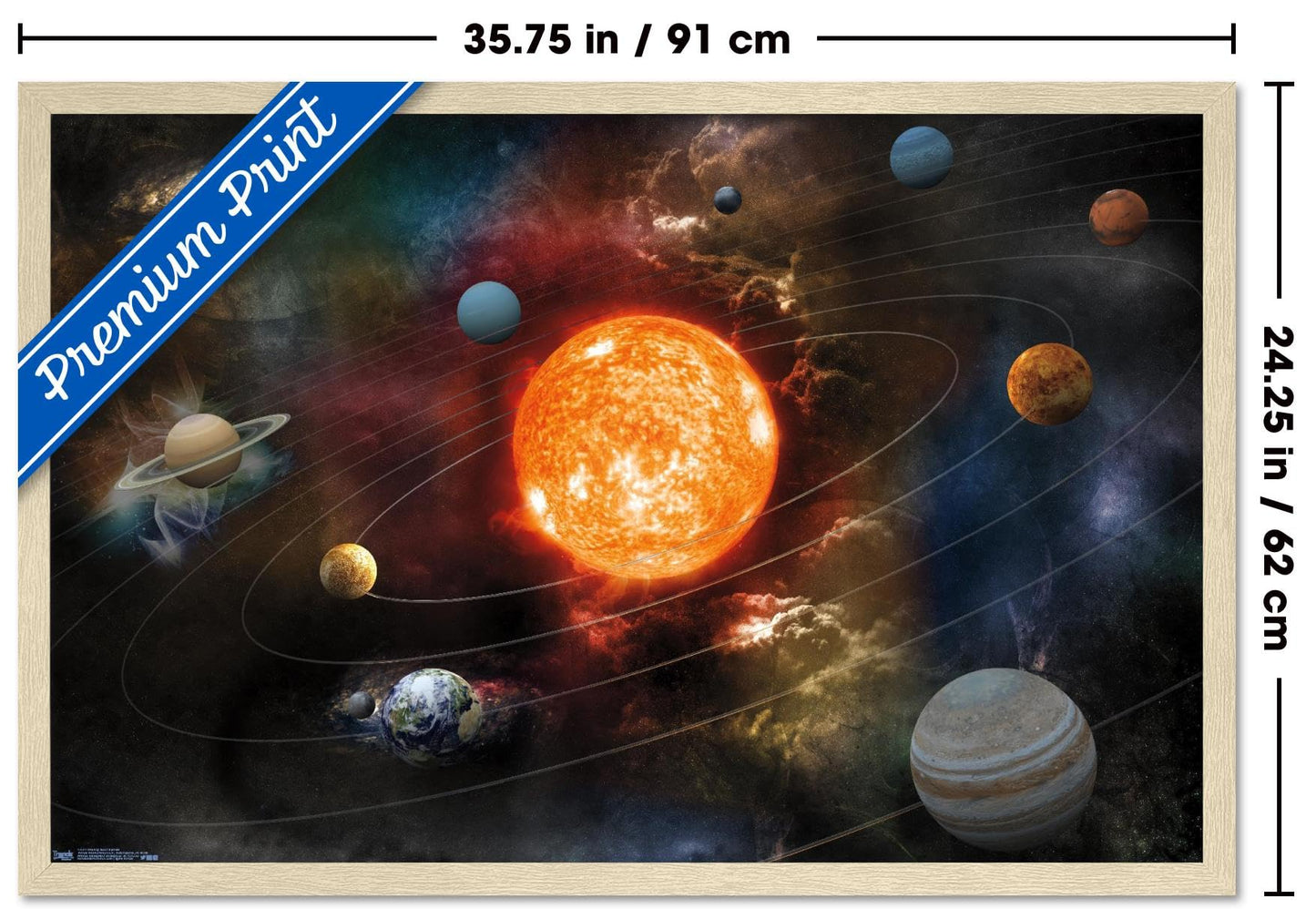 Orbiting Solar System Wall Poster, 34L" x 22.4W", Blonde Framed Version