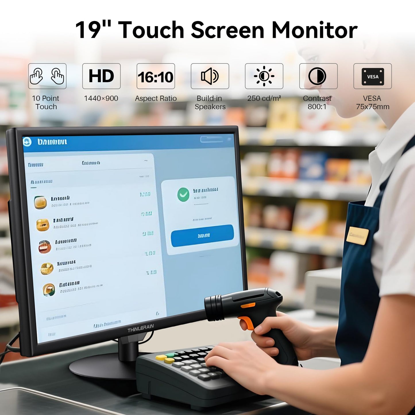 Thinlerain Touchscreen Monitor 19 Inch, 10-Point Multi Touch Screen Monitor 1440×900 HD Display with HDMI VGA AV BNC USB Ports, VESA, Build-in Speakers for POS, Office, and Industrial Use