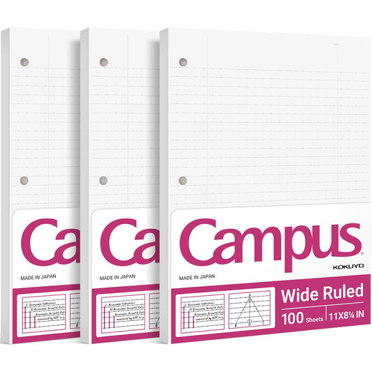 Kokuyo Filler Papers, 8-1/4"x11”, Wide Ruled 3 Hole Punched Loose Leaf Paper, 300 Sheets Bleed Resistance Notebook Paper, Japanese Smooth Lined Paper for 3 Ring Binders School Supplies