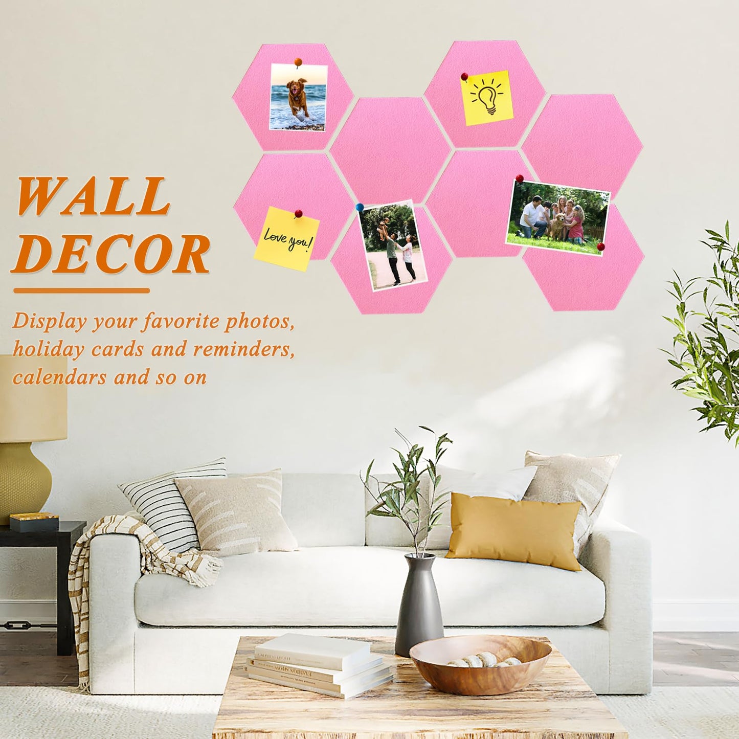 HULAVO 8 Pcs Hexagon Felt Cork Bulletin Board Tiles, Self Adhesive DIY Bulletin Board Pin Board for Office School Home Wall Decor Memos Photos Display(Bright Pink)