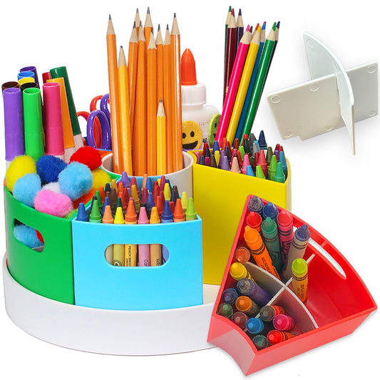 PUZZLE EZ 8.6" Desk Art Supply Organizer for Kids – Compact Rotating Lazy Susan Art Caddy with Dividers for Crayons, Markers & Pencils, Classroom Storage for Teachers Students Homeschool