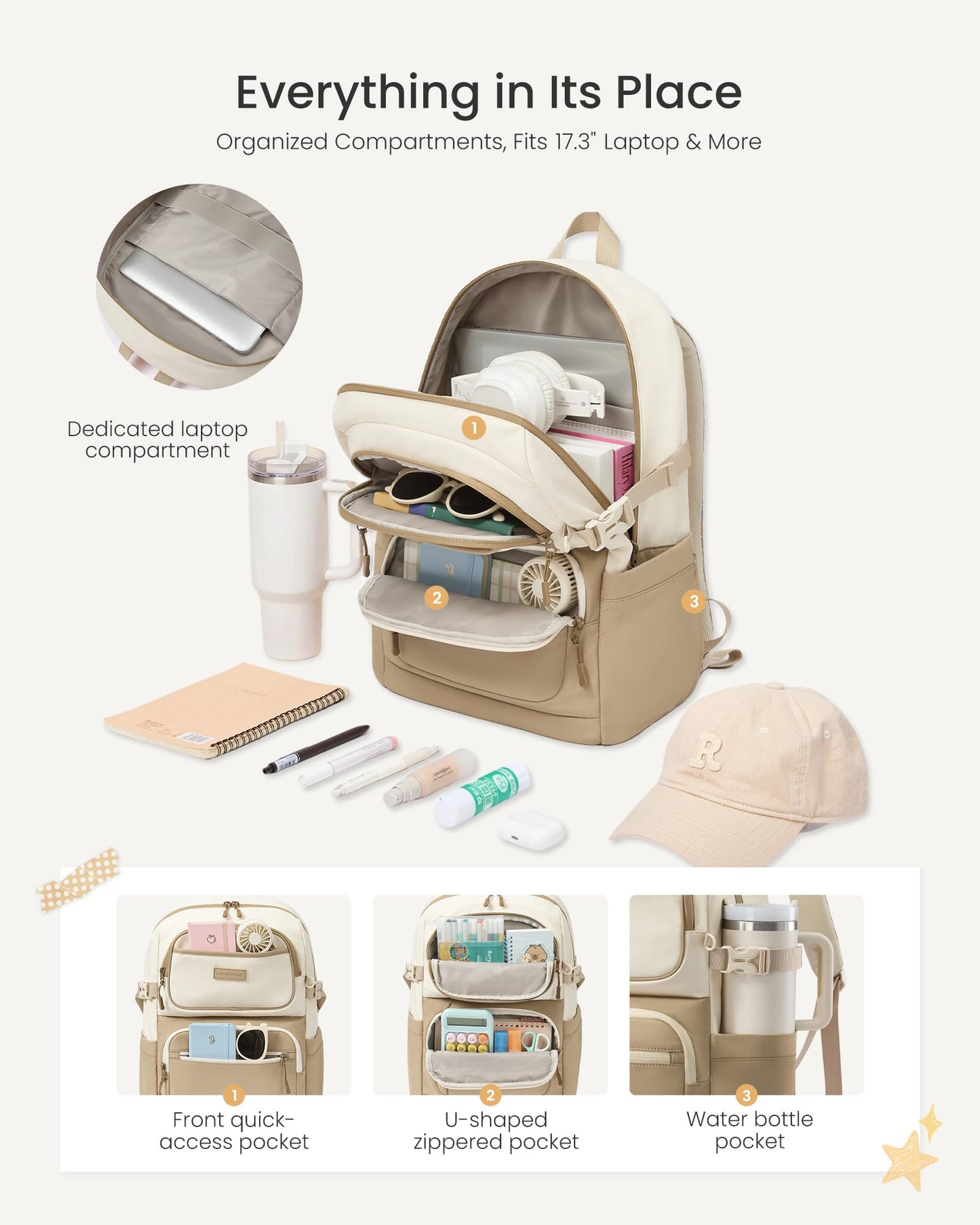 LOVEVOOK School Backpack for Teen Girls & College Students, Large Capacity Laptop Backpack with Water Bottle Holder, Lightweight Bookbag for School, Travel & Everyday Use, Beige-Khaki