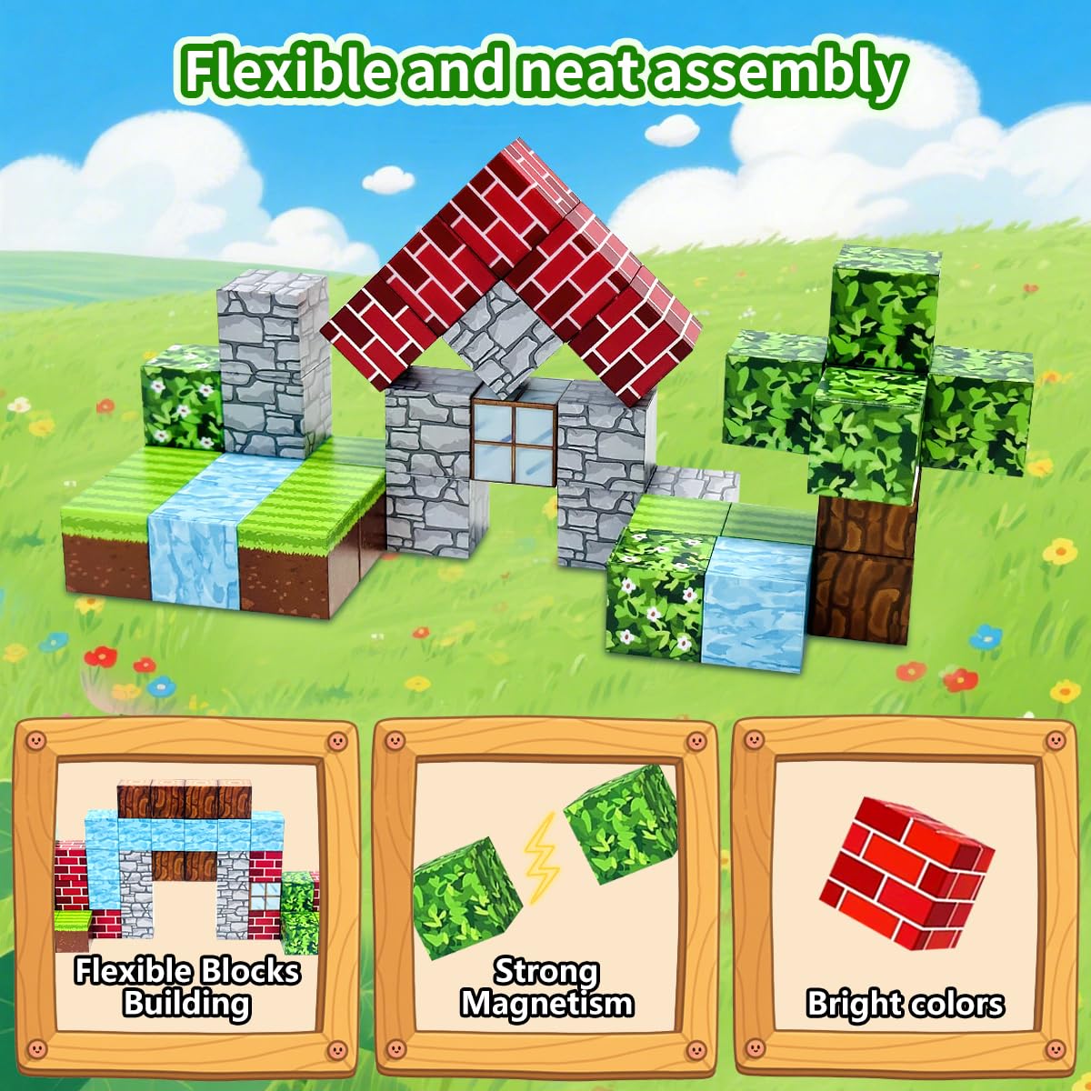 uMadeUs Magnetic Blocks Building Set - Puzzle Cubes as STEM Toys for Kids - Toddlers Sensory Construction Tiles - Ages 3+ Creative Educational Games for Boys and Girls - Adventure Forest 100pc Block