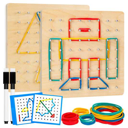 2Pack Wooden Geoboard,Montessori Toy,Graphical Mathematical Education Toy for Kids with Pattern Cards and Rubber Bands to Figures and Shapes, Brain Teaser STEM Toy Geo Board.