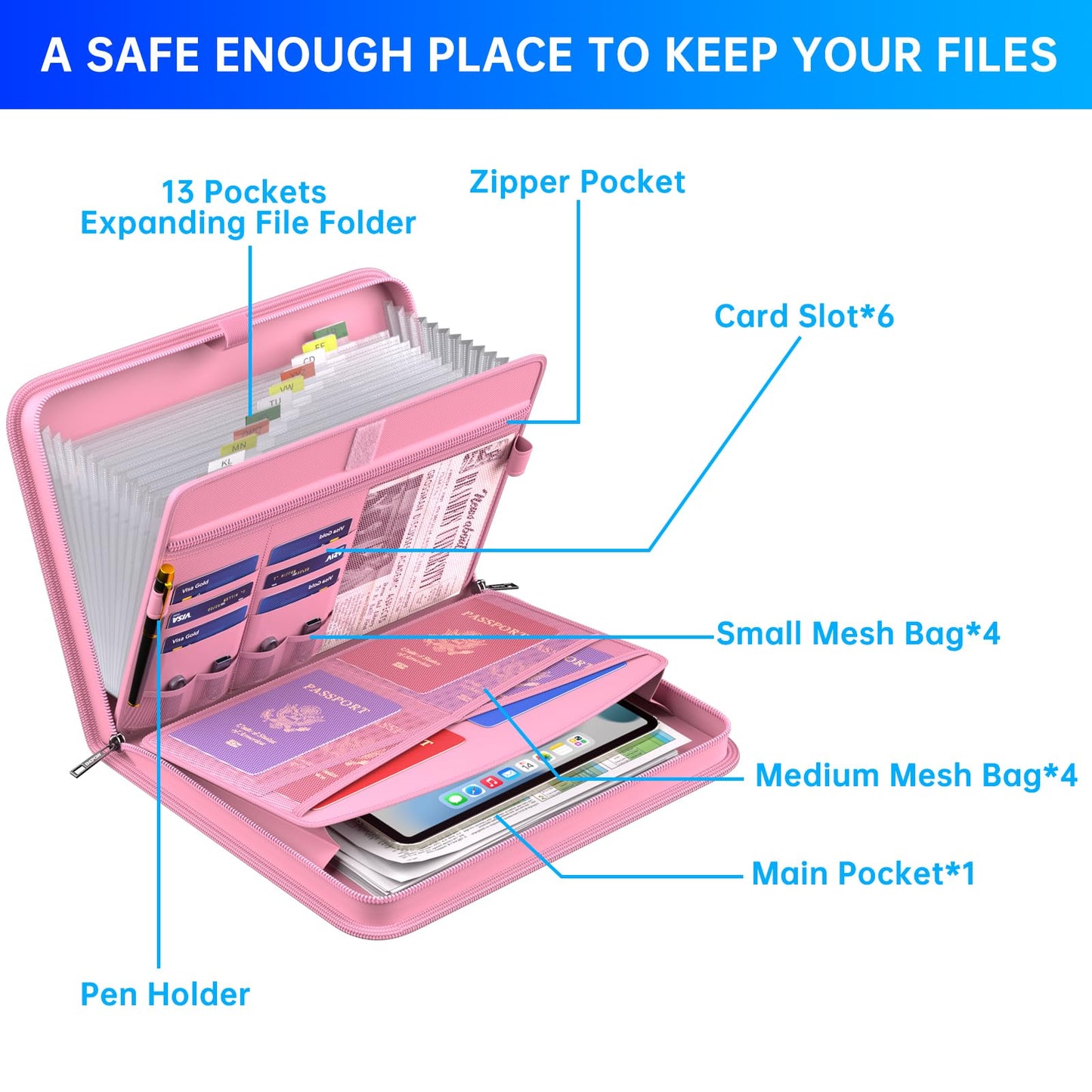 ENGPOW Accordion File Organizer,Fireproof Expanding File Folder with Multi Pockets,13 Pockets Document Organizer with Handle & Labels,Portable Home Travel Safe Storage Folder for Letter A4 Files,Pink