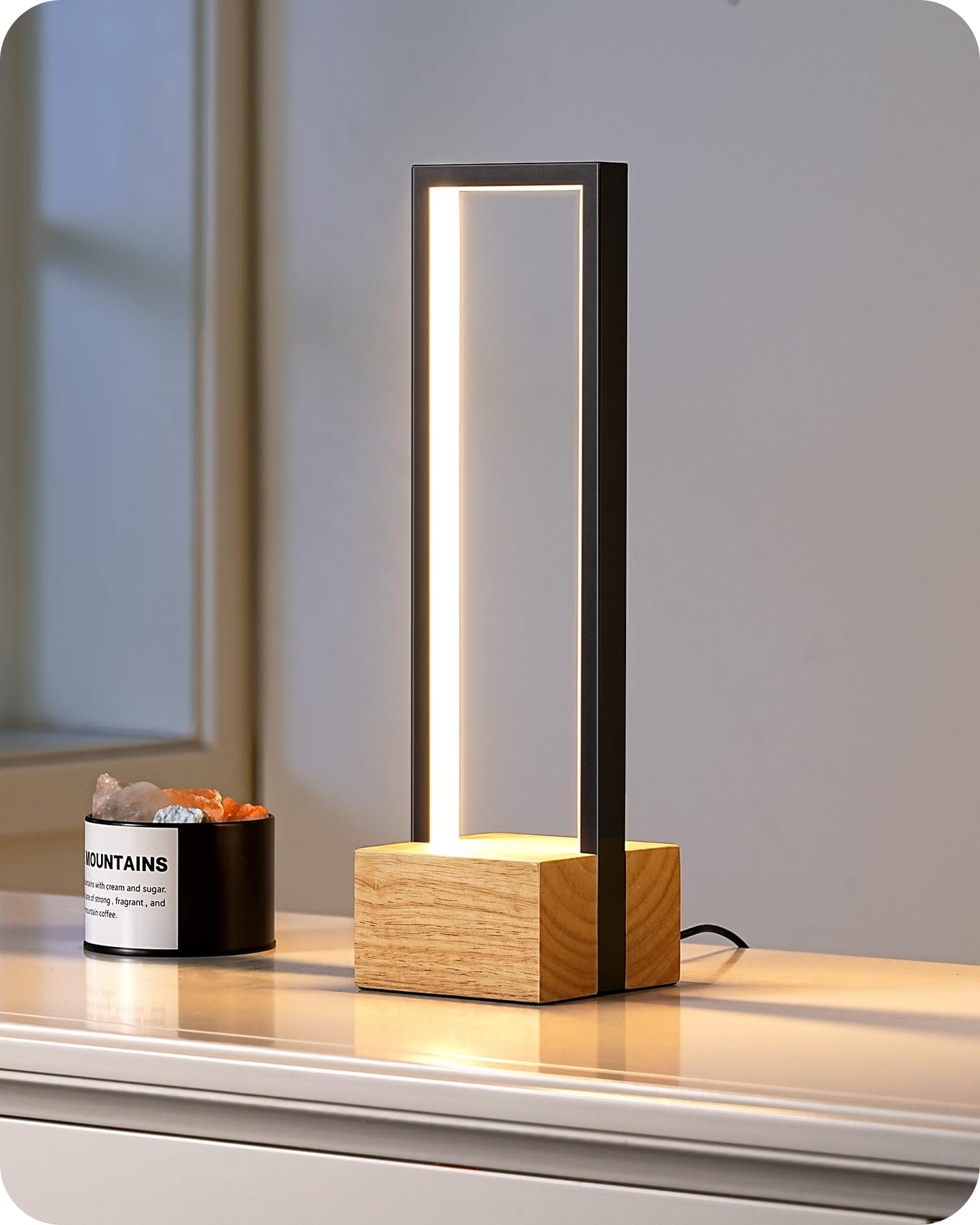 EDISHINE Modern Table Lamp, Dimmable LED, 3 Color Temps, 14.6inx4.7inx4.7in, Black Frame & Solid Wood Base, Model HLTL02