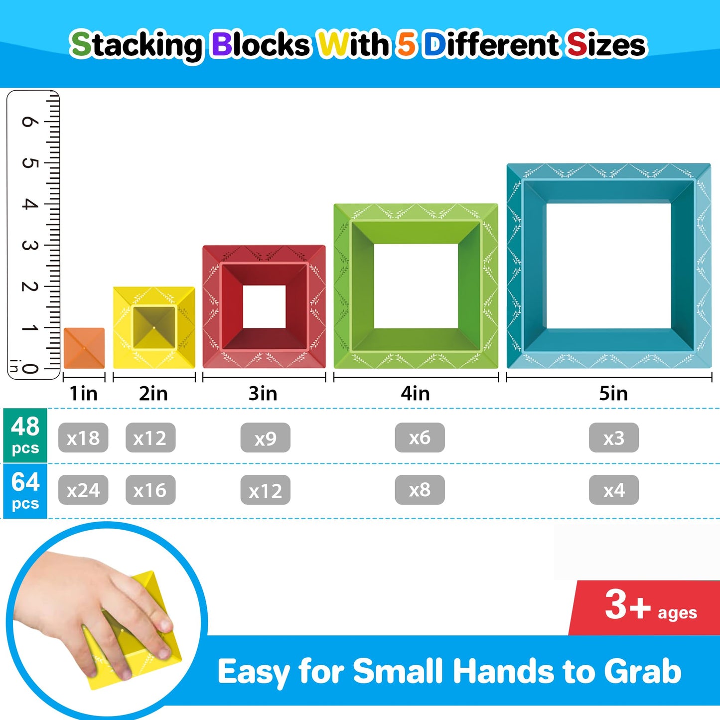 WSKC 64 PCS Building Block for Toddlers, Sorting & Stacking Toys, Montessori Toys for 3 Year Old, Stacking Blocks for Kids Ages 3 4 5 6