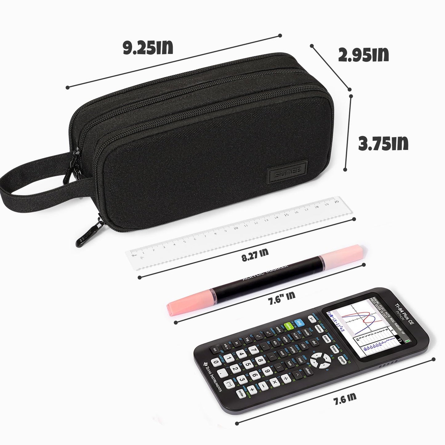 SUNEE Large Capacity Pencil Case with 3 Compartment, Extra Big Pencil Pouch, Pencil Bag with Zipper, Cute High Stationery Organizer, Oxford Pen Box School Supplies for Student Teen Girls Boys, Black