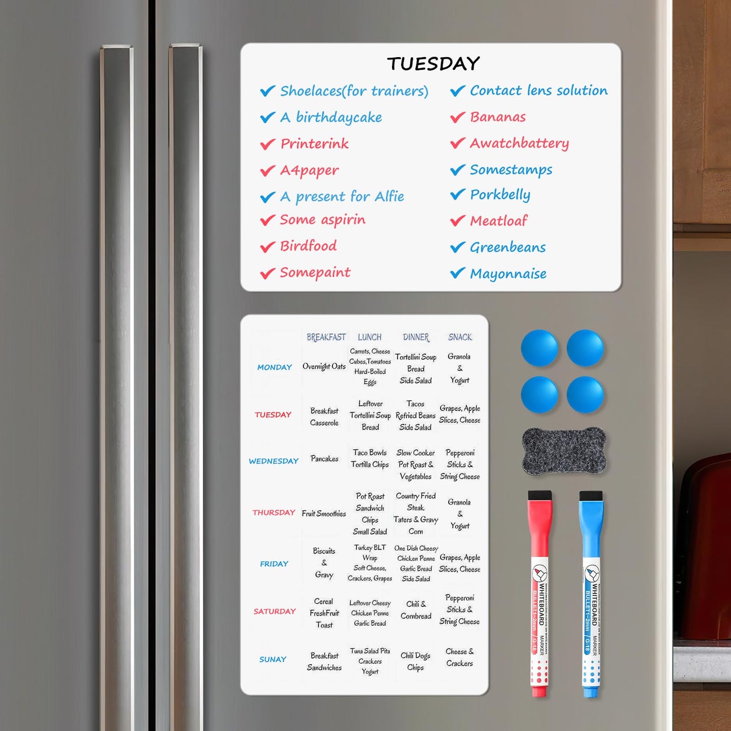 Magnetic Whiteboard for Fridge, 20" x 13" Dry Erase Board Set with Markers & Eraser, Strong Magnet & Stain-Resistant Surface, Fridge Calendar for Notes, Grocery List, Meal Planning & Family Schedule