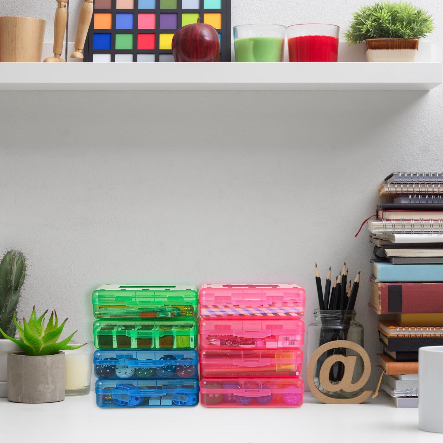 Fainne 24 Pack Pencil Boxes for School Clear Plastic Pencil Case Large Plastic Crayon Box Bulk Stackable Classroom Stationery Organizer School Supplies(Red, Blue, Green)