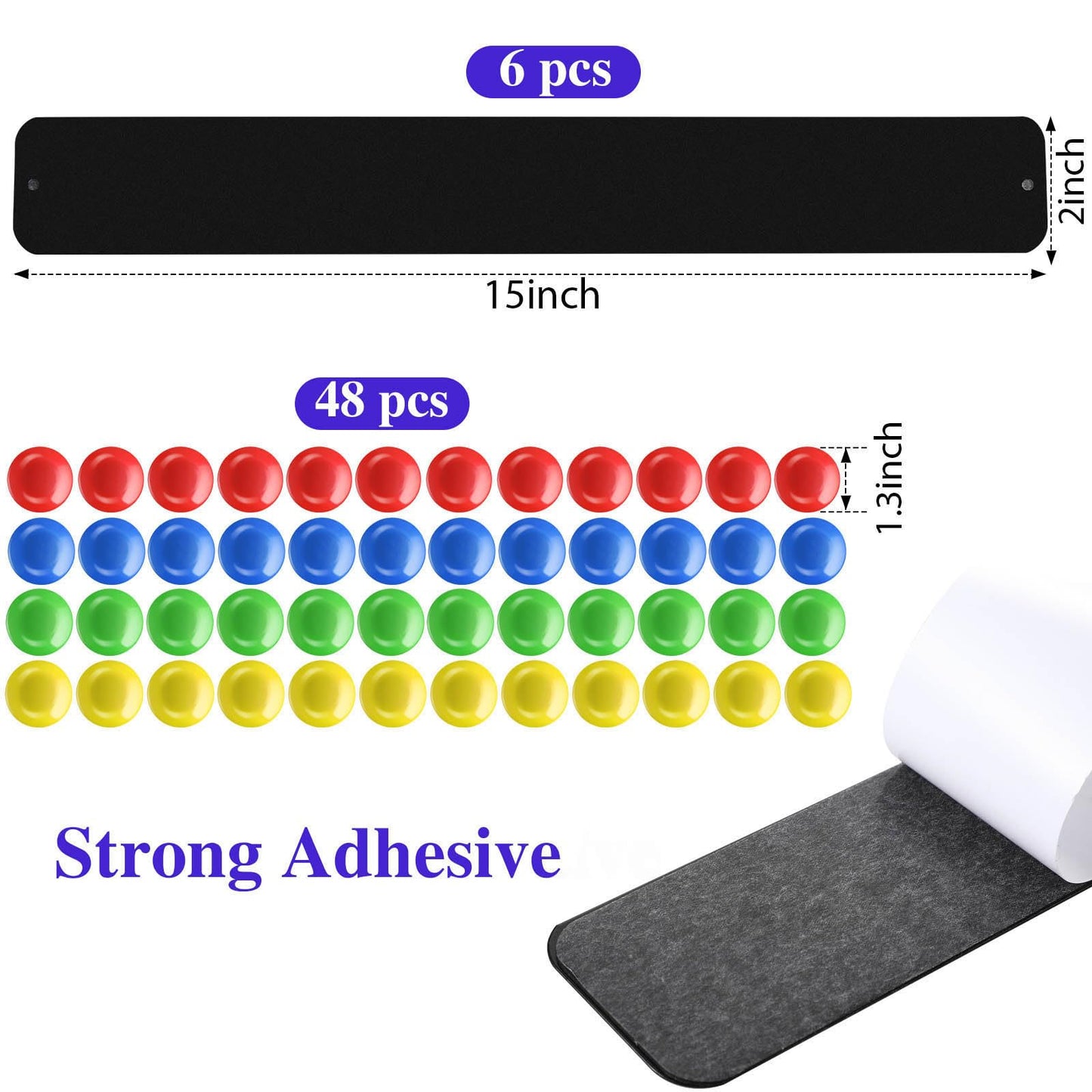 Outus 6 Pcs 15" x 2" Magnetic Wall Strips, Magnetic Bulletin Board Strip Set with 48 Pcs Colorful Magnets, Metal Display Board for Office Home Notes Photos(Black)
