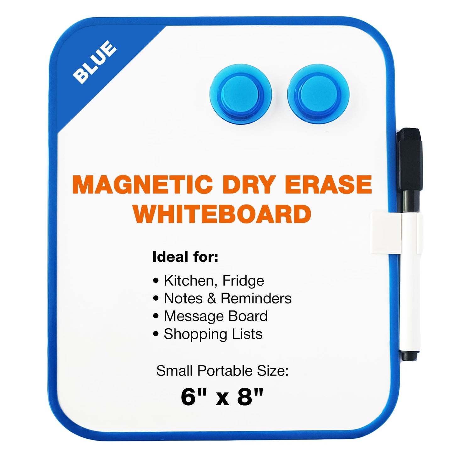 Magnetic Dry Erase Board for School Locker, 6" x 8", Blue Framed with Marker and 2 Magnets - Small Whiteboard for Classroom, Home, Office, Travel