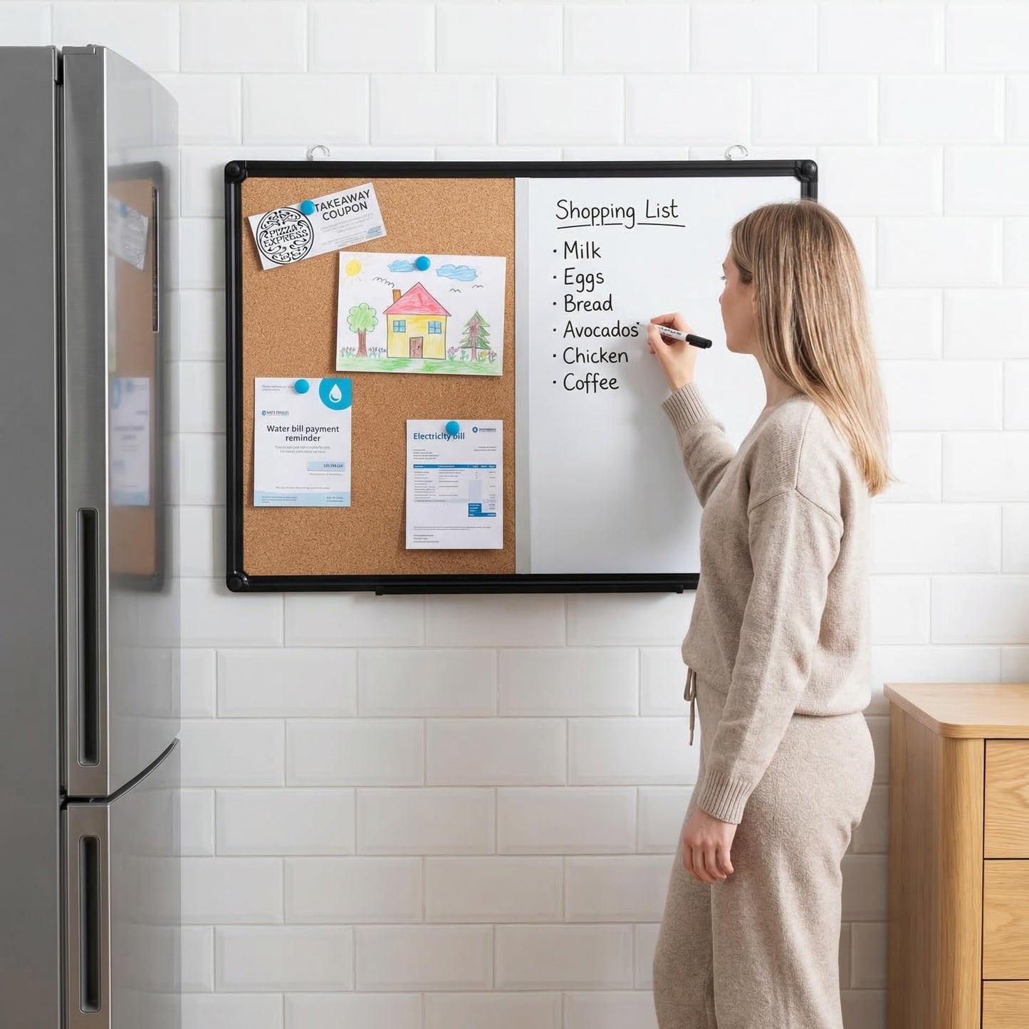 DexBoard Magnetic White Board and Cork Board Combo, 24" x 18" Combination Bulletin & Dry Erase Board, Wall Mounted for Home, School and Office, Black Aluminum Frame