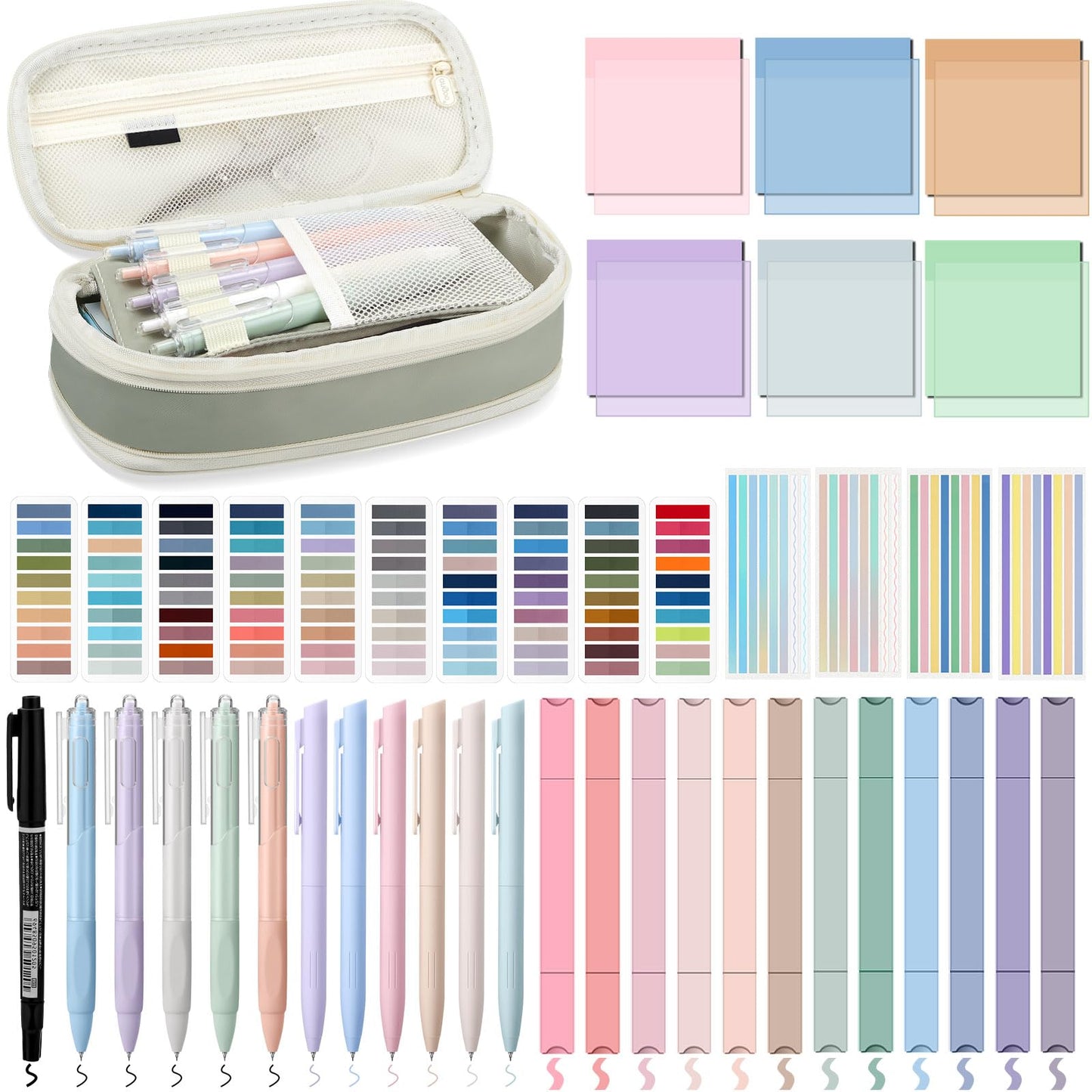 Trandraft 135 Pcs Book Annotation Kit with Pencil Case, 12 Pastel Highlighters, 11 Gel Pens, Fine Marker, 300 Transparent Sticky Notes, 2640 Index Tabs, Bible Study Supplies Kit(Classic,Light Green)
