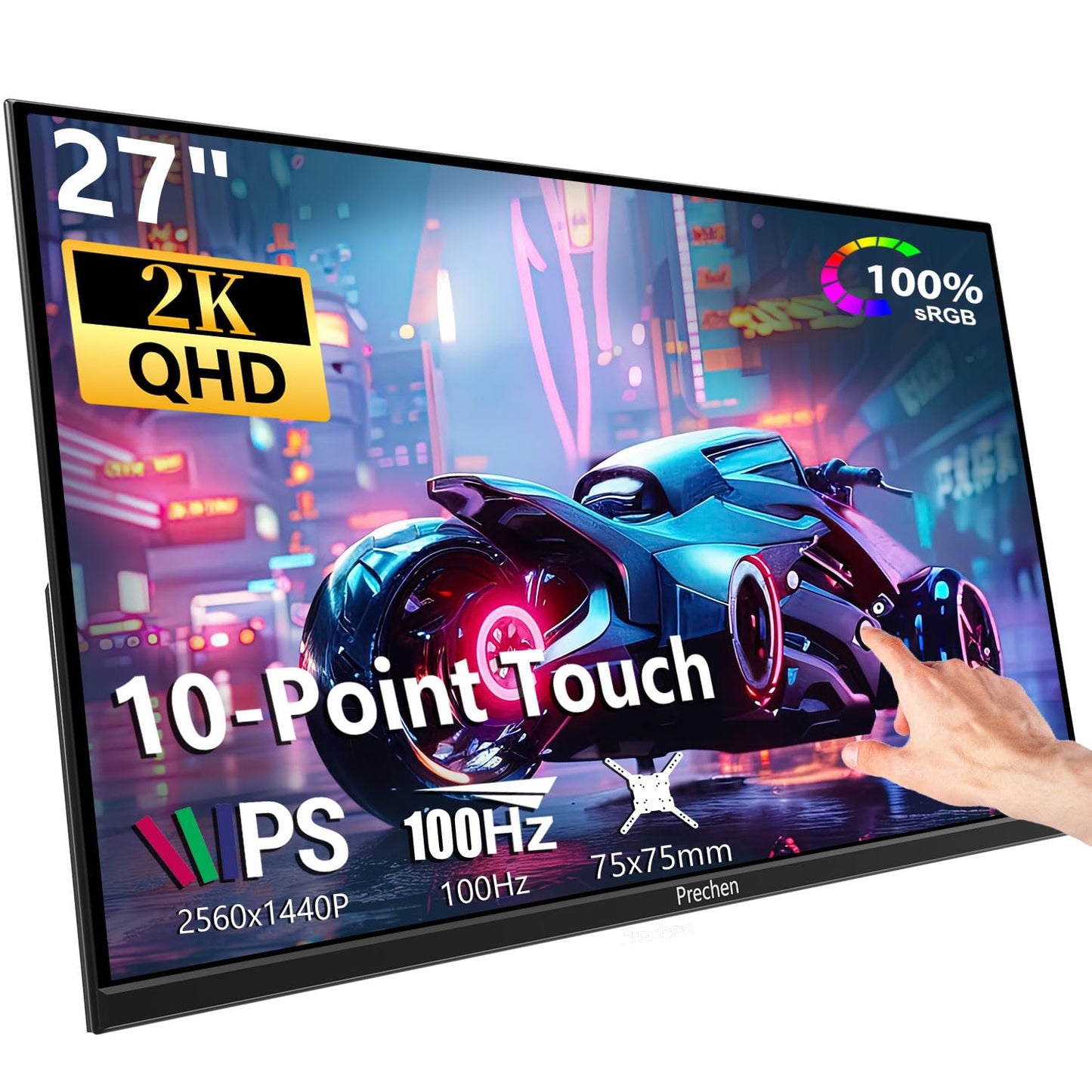 Prechen 27 Inch 2K QHD 100Hz Touchscreen Monitor 10 Point Multi Touch IPS Portable Display, 2560x1440 USB-C HDMI Laptop Monitor with Adjustable Stand & Speakers