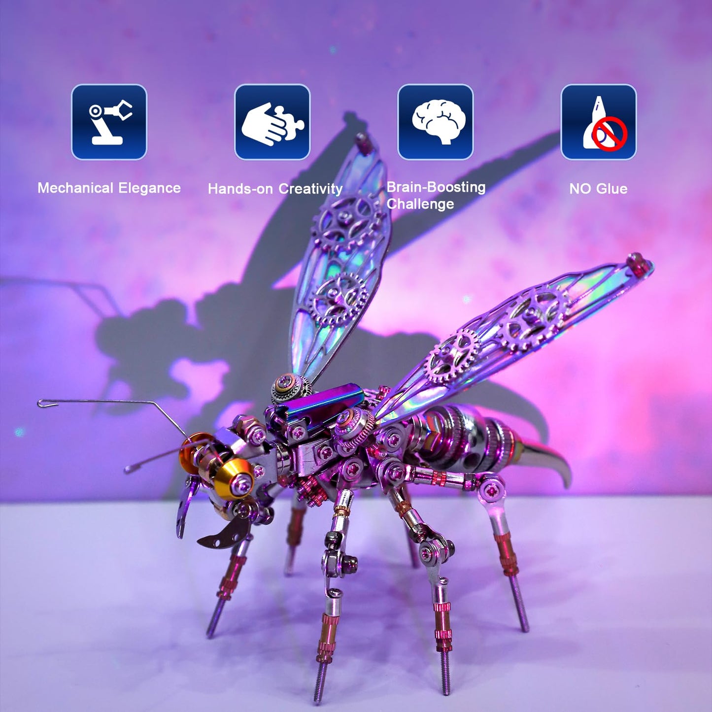 MOSTARLE 3D Metal Puzzle Kit, StingSpark Mechanical Wasp Model, 275 Pieces Cyberpunk Insect Building Set with Iridescent Wings, DIY Science Project for Adults and Teens