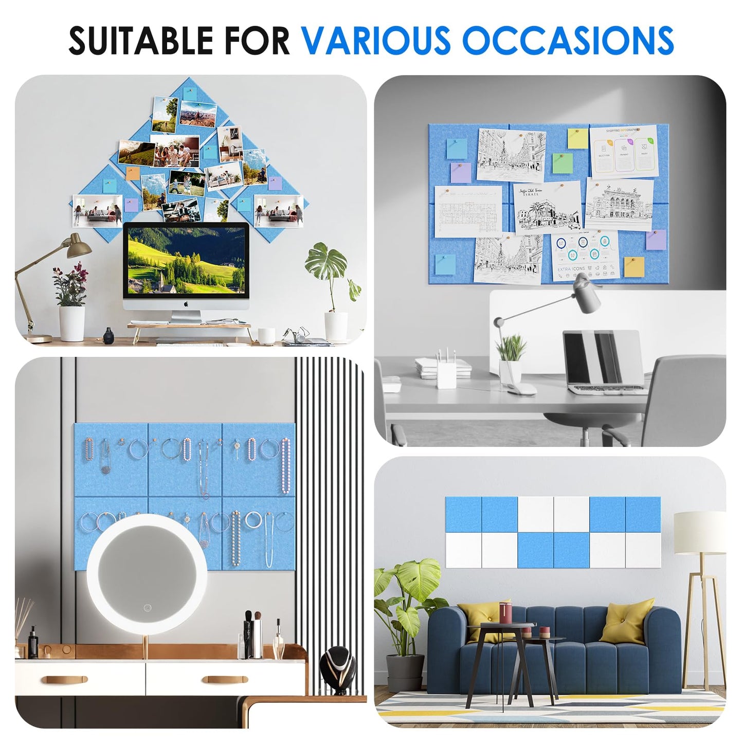 MaxGear Large Cork Board for Wall 36" x 24", Blue Bulletin Board, 6 Pack Felt Wall Tiles with Pushpins, Cork Boards for Office Push Pin Board Tack Board Felt Board