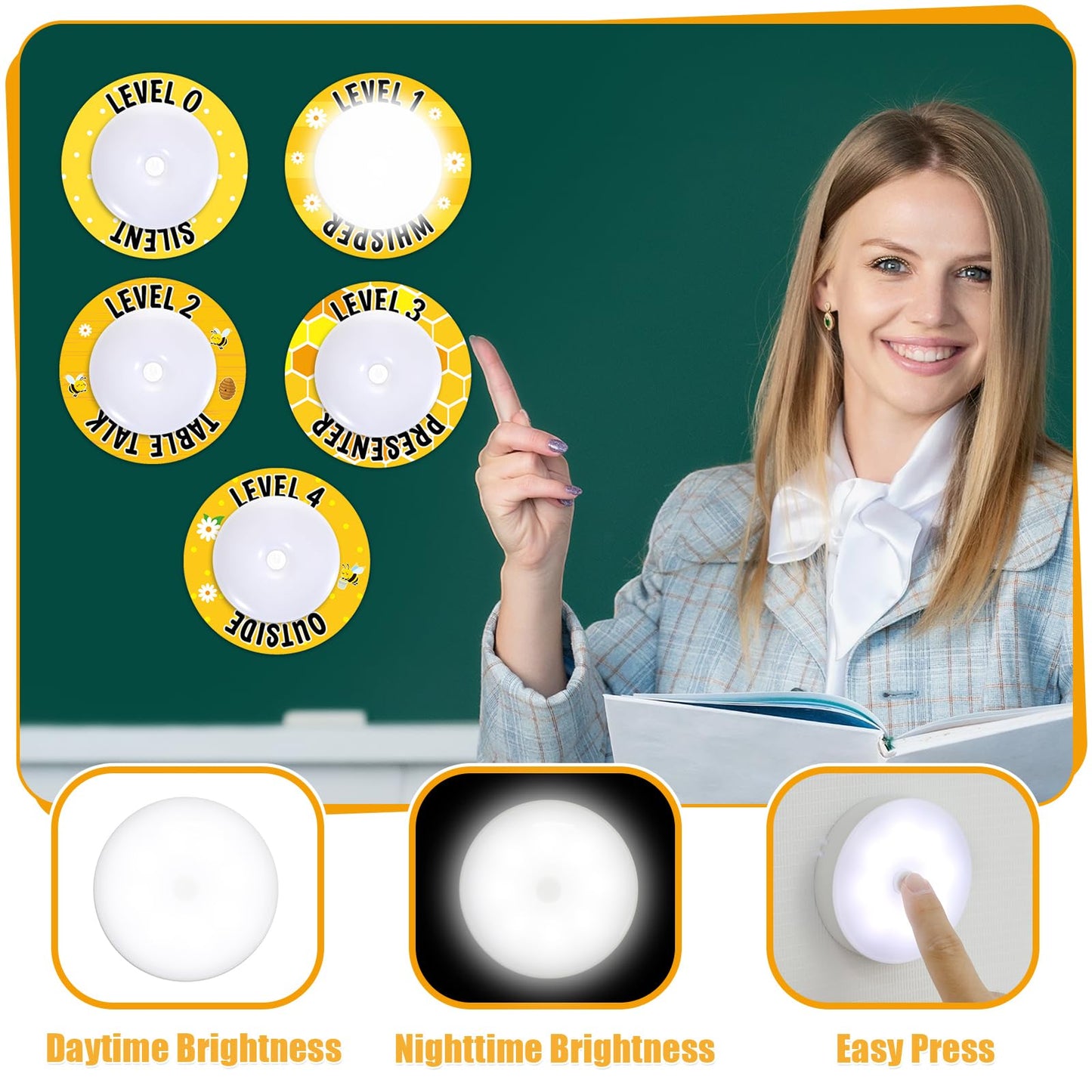 5 Pcs School Push Light and Voice Level Poster Voice Level Chart Monitor Rules Sign LED Tap Light Classroom Rules Poster Noise Chart Classroom Management Tools for Teachers Back to School（Bee Style）