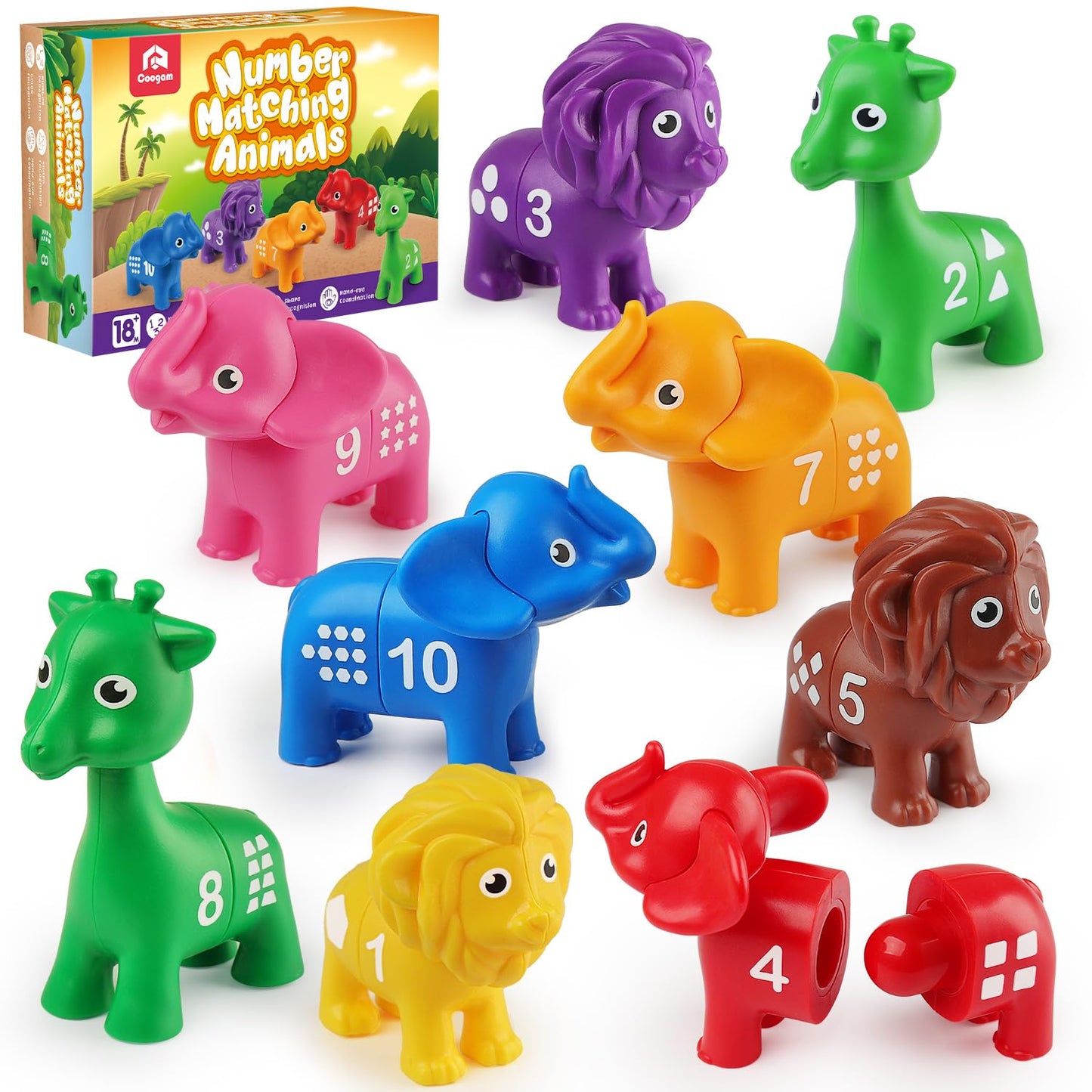 Coogam Number Matching Toy Set, 10pcs Double-Sided Animal Number Counting Game, Preschool Montessori Fine Motor Skill Mathematics Educational Toys for 3 4 5 Year
