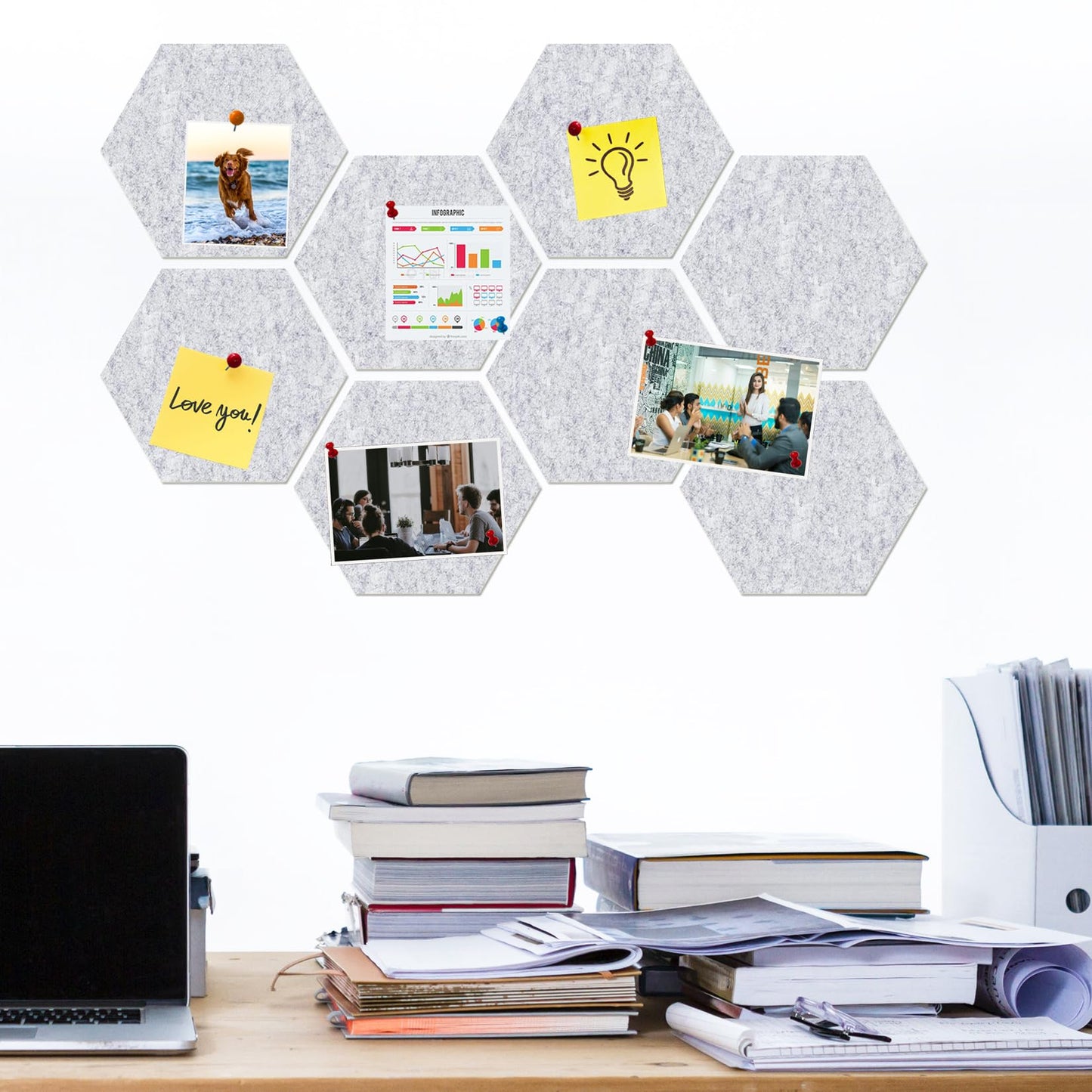 HULAVO Large Hexagon Felt Cork Board Tiles, Self Adhesive DIY Felt Bulletin Board Pin Board with 35 Pushpins for Office School Home Wall Decor Stickers Memos Photos Display(Light Grey)