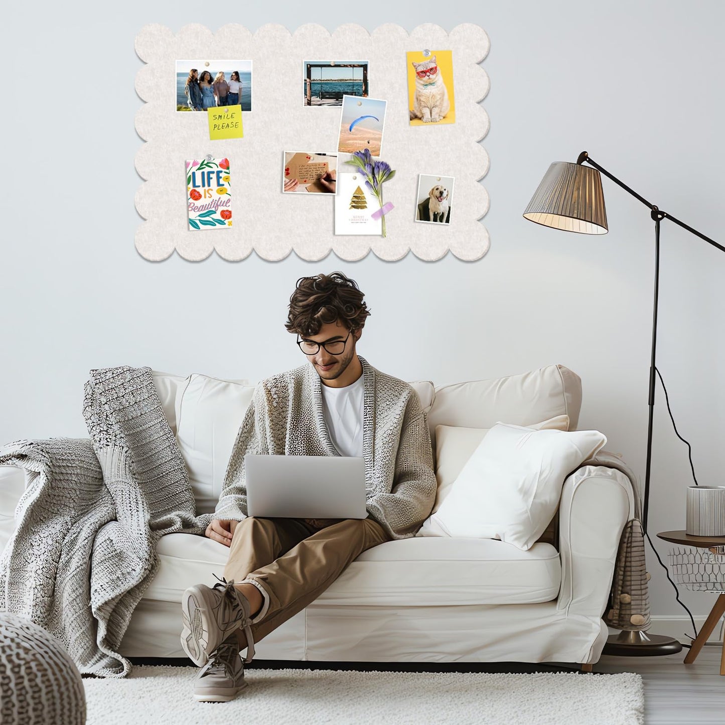 Beige Scalloped Felt Bulletin Board - 36 x 24 Inches Large Felt Board Foldable Cork Board Alternative Photo Board Self-Adhesive Vision Board Decorative Pin Board for Wall