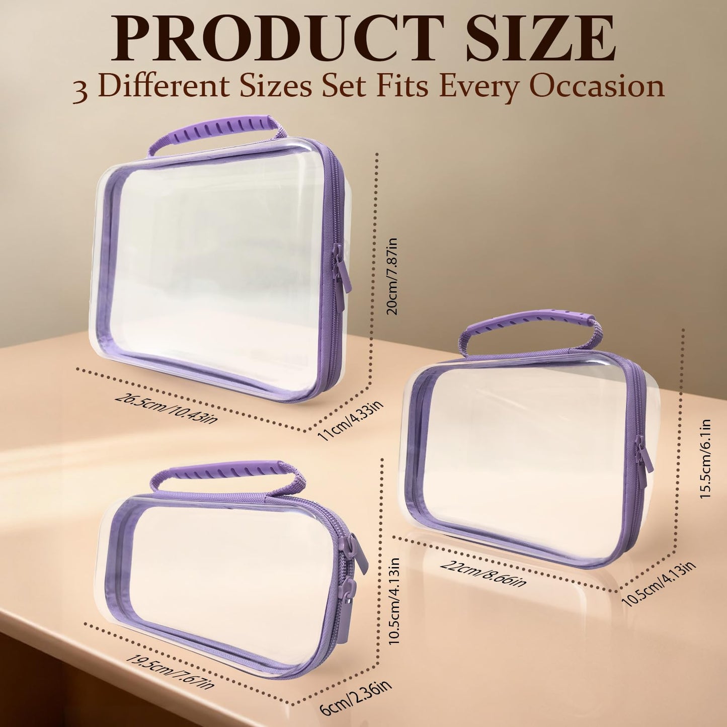 JeeVoya 3 PCS Clear Zipper Pouches with Handle, Diaper Bag Organizer, Clear Makeup Bags Hardshell Toy Storage Bins with Zipper Toiletry Pouch Bag for Cosmetics Pencils Puzzles, Building Blocks(Purple)