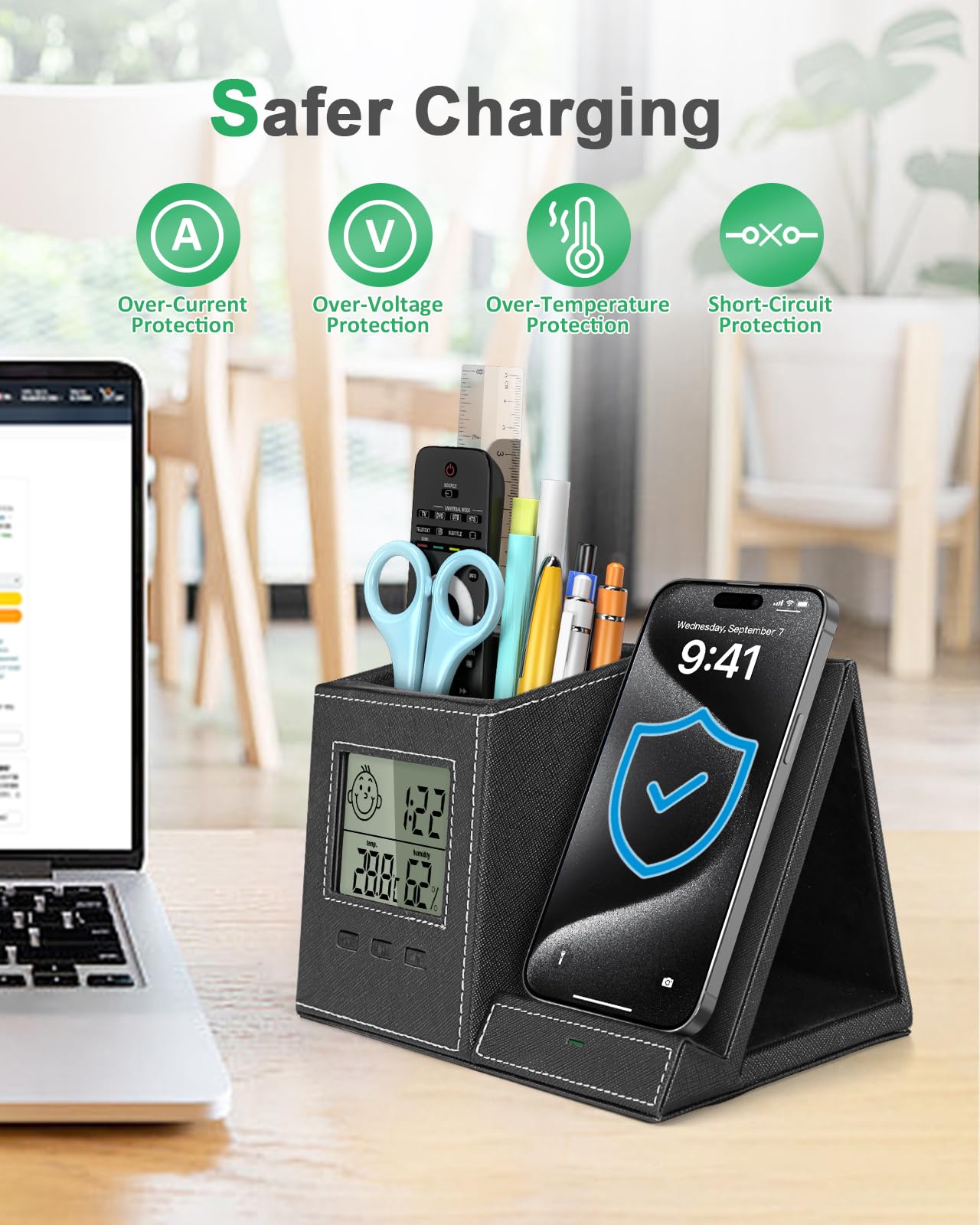 Investme Pen Holder with Wireless Charger, Built in Digital Indoor Thermometer and Humidity Monitor, Multi-Functional Desktop Organizer for Home, School, Office Supply, Midnight Black