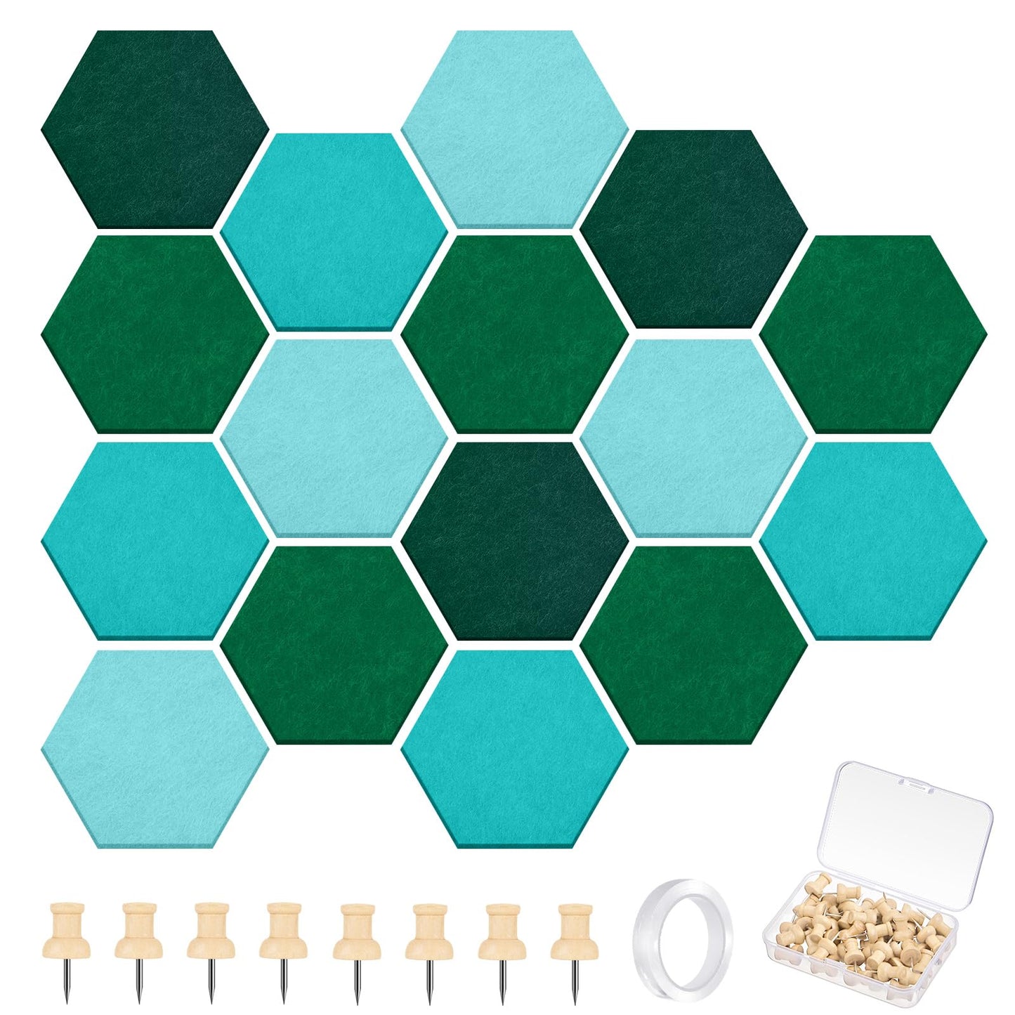 Mindsoft 16 Pcs Hexagon Cork Board for Walls with 50 Wooden Push Pins 6.7 x 5.9 in Felt DIY Tiles Notice with Nano Tape Hanging Bulletin Board for Home Photo Office Memo Note(Turquoise)