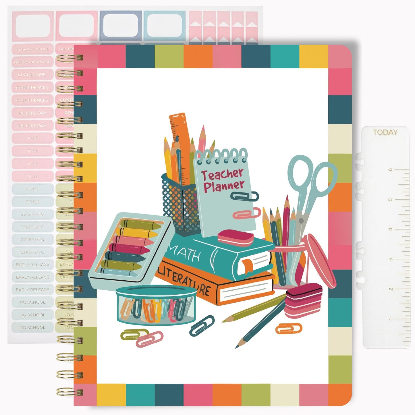Undated Teacher Planner 8.5 x 11-12 Months & 52 Weeks | Colorful School Supplies Cover | Monthly & Weekly Lesson Plan Book with Stickers, Storage Pocket & Snap-In Bookmark | Classroom Organizer