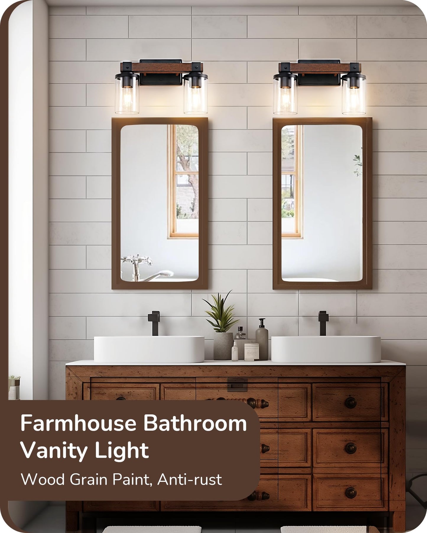 EDISHINE 2-Light Bathroom Vanity Light Fixtures, Dark Wood, Metal, Model HHVL02F, Clear Glass Shade, Ideal for Mirror and Powder Room