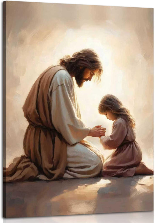 Jesus Praying with Girl Canvas Wall Art Christian Spiritual Posters Painting Religious Bible Story Prints Wall Decor Jesus Kid Pictures for Living Bedroom Room Church Home Decoration Framed